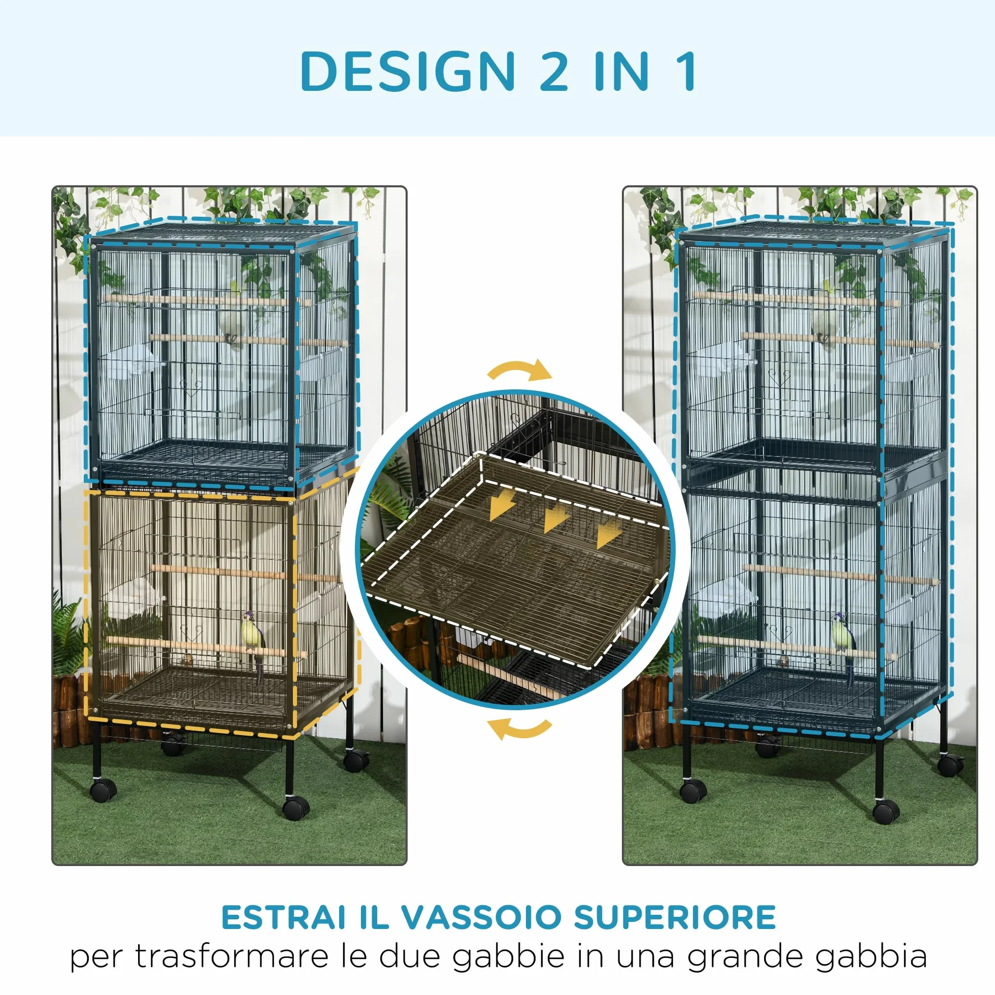 PawHut Gabbia per Uccelli 2 in 1 Voliera per Interni con 4 Ruote Girevoli, Vassoi Estraibili e Contenitori in Plastica, 51.5x50x140 cm, Nero