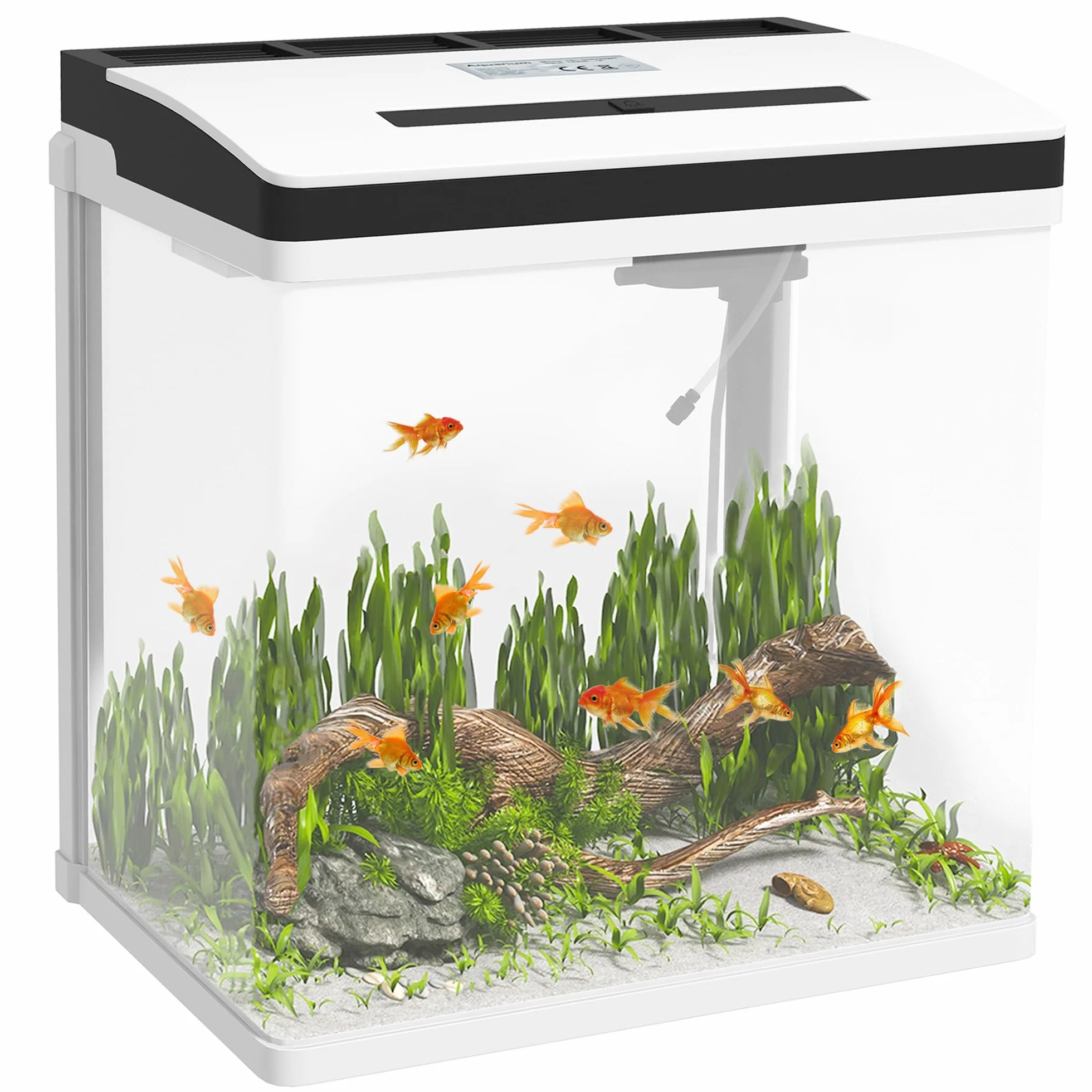 PawHut Acquario per Casa da 28L a Illuminazione LED con Fori di Ventilazione e Pompa Silenziosa, Vaschetta per Pesci in Vetro HD e ABS, 38x26x38 cm, Bianco e Trasparente