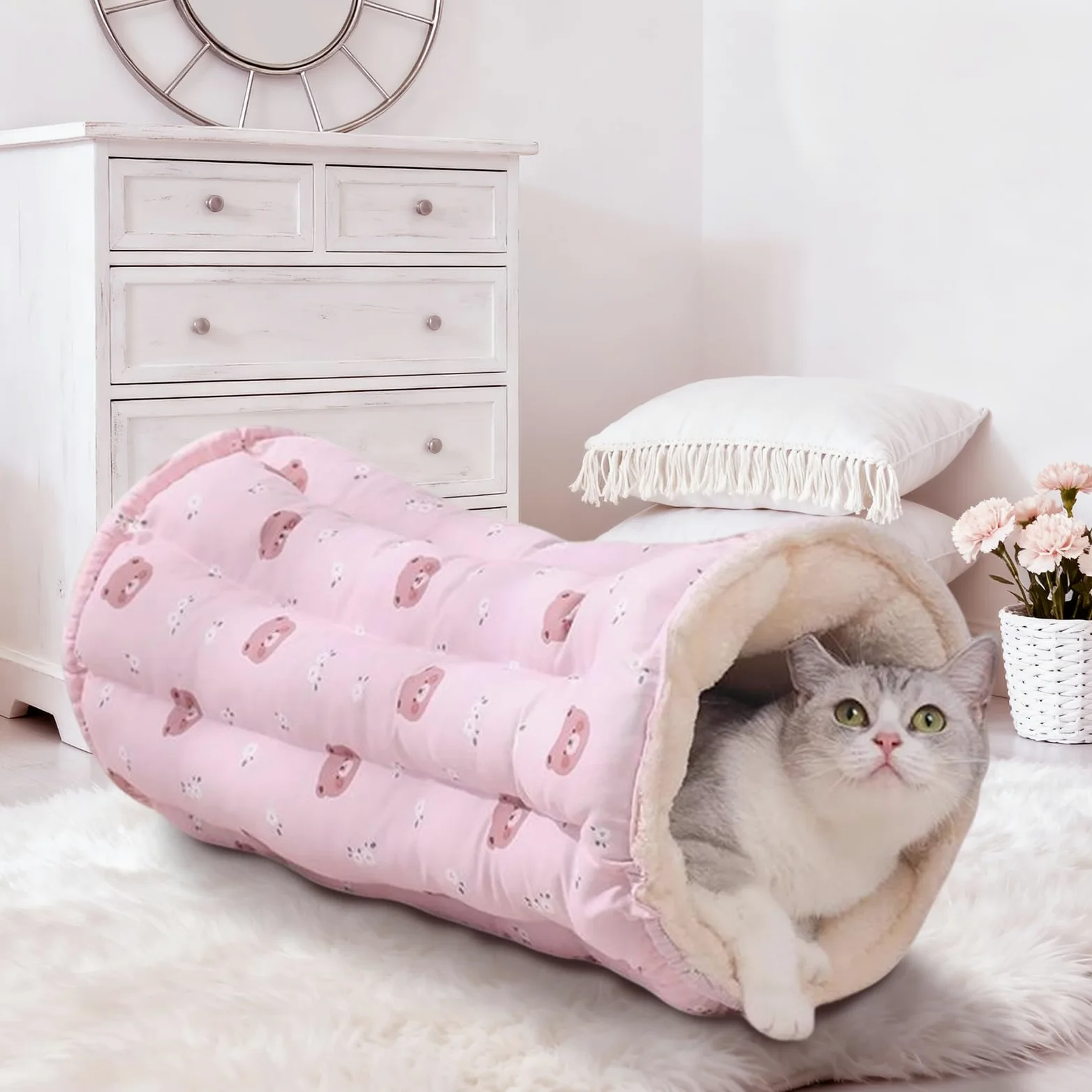 Tunnel giocattolo per gatti con caldo tappetino invernale per gatti, reversibile, in peluche e pile, tappetino da gioco pieghevole per conigli interni, gattini, furetti, cuccioli, diametro 27