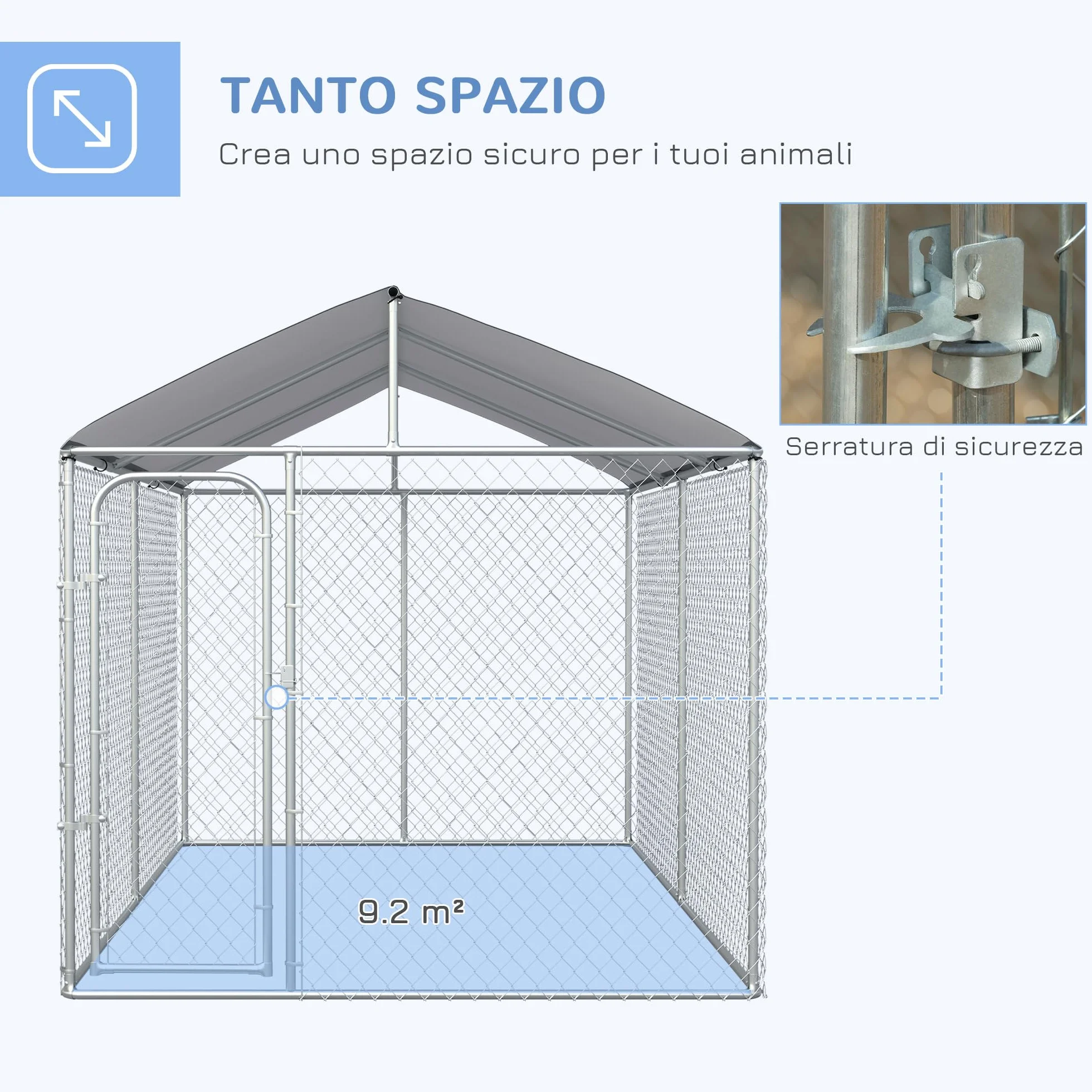 PawHut Kennel per Cani in Metallo Galvanizzato con Tettuccio in Tessuto Oxford, 400x230x232cm, Argento