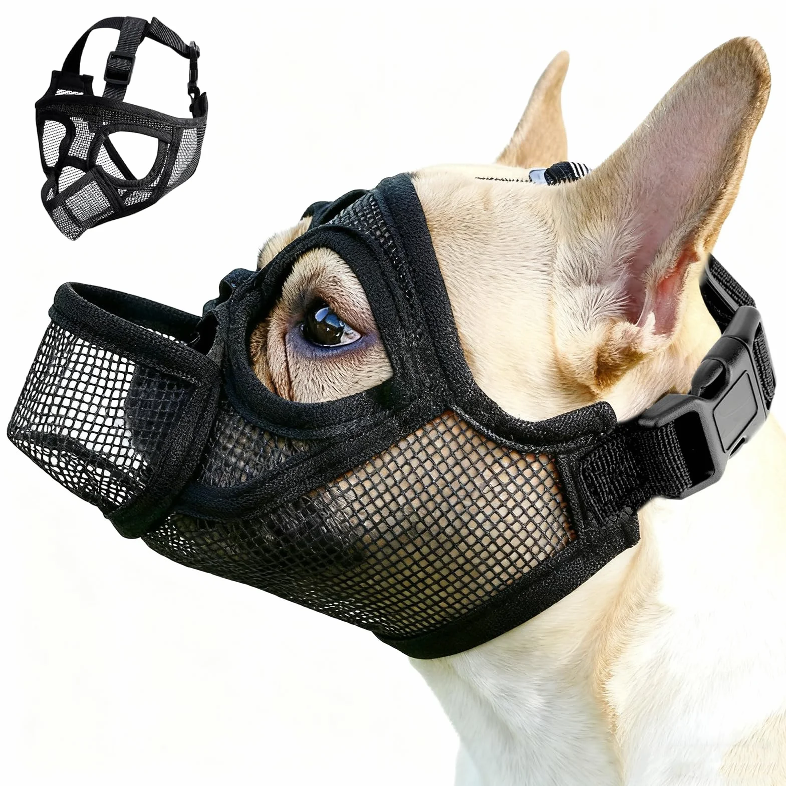 Museruola per Bouledogue Francese, Regolabile Museruola Cane Respirante Maschera Piatta Museruola per Piccoli Cani a Bocca Corta Anti-Morso, Anti-Masticazione, Anti-Leccamento per Shih Tzu e Carlino