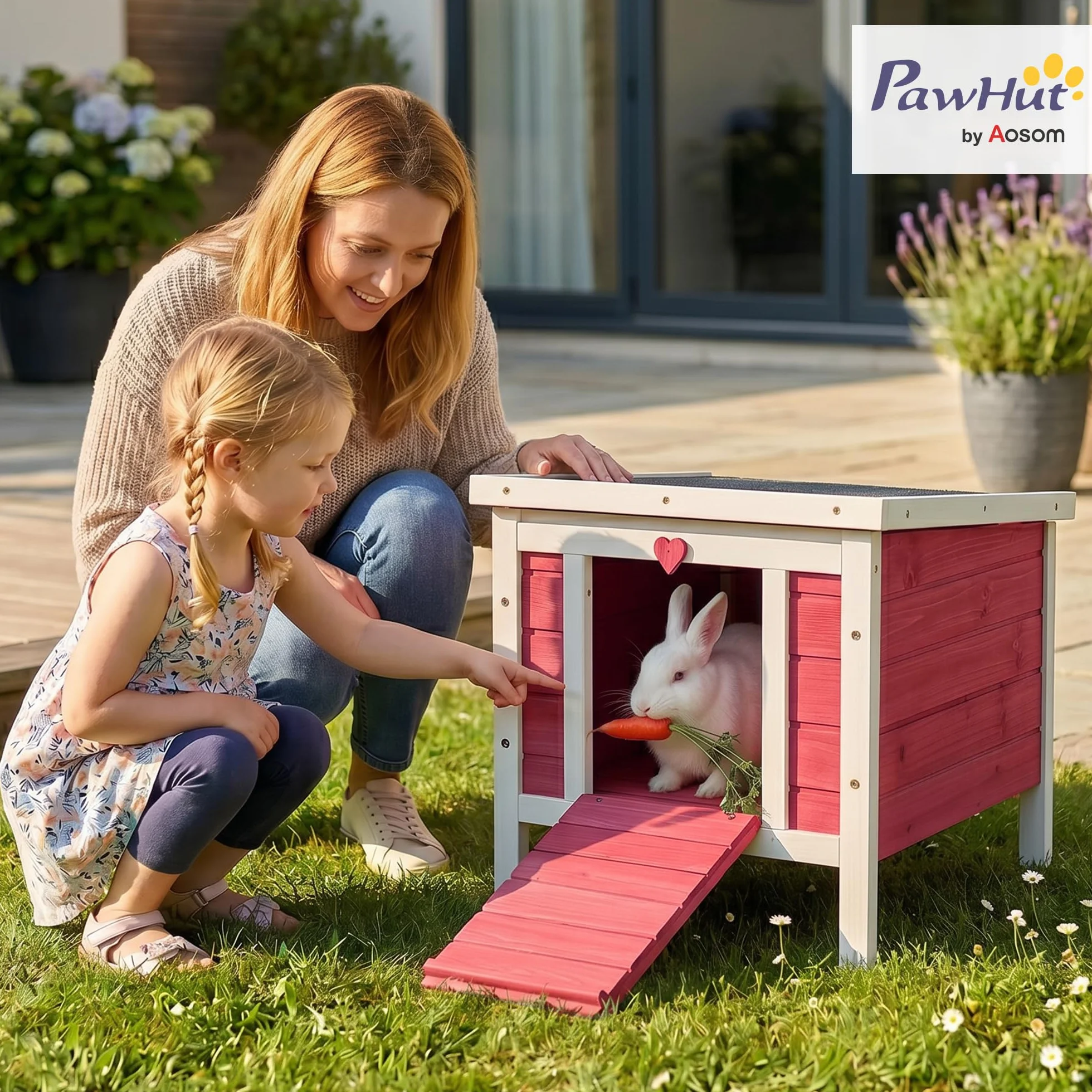 PawHut Gabbia per Conigli in Legno con Tetto Apribile in Asfalto, Conigliera con Rampa di Accesso Antiscivolo, 51x42x43 cm, Rosso