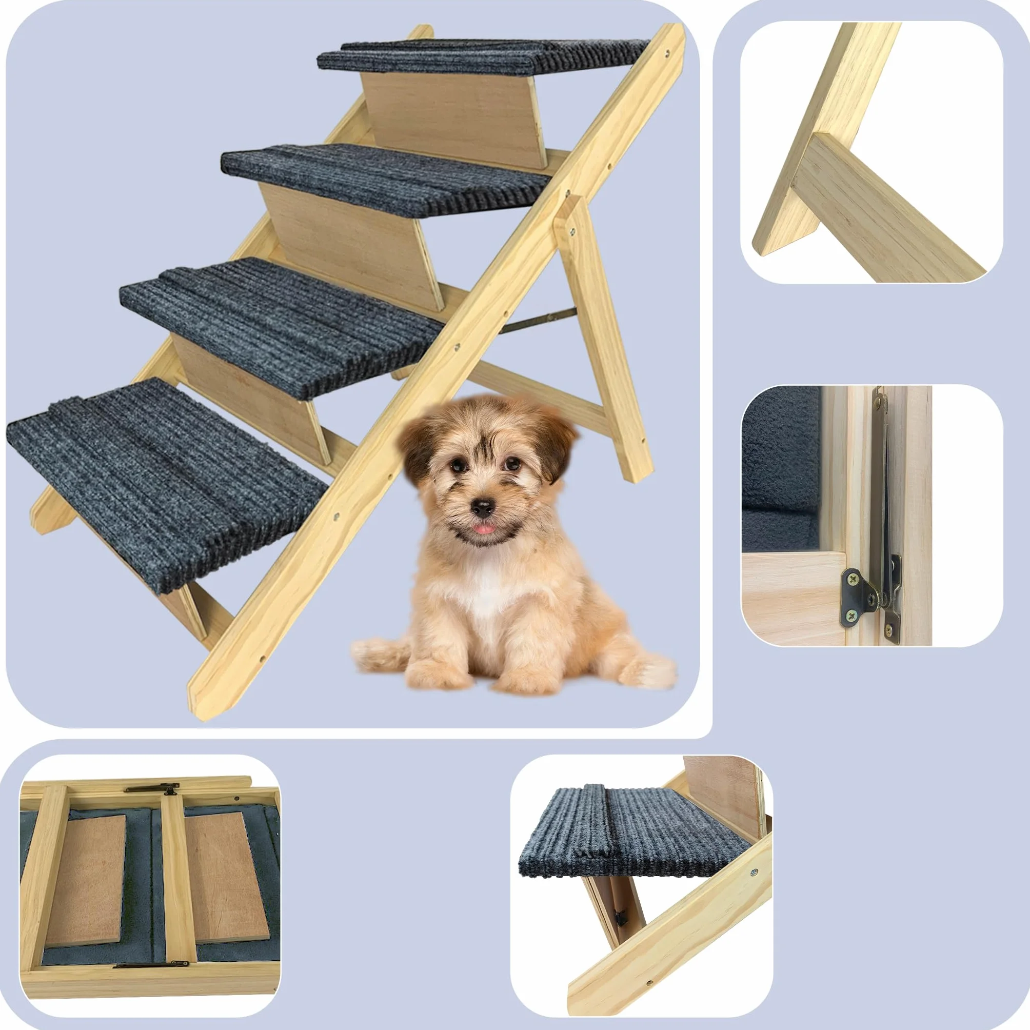FIVMEN Scaletta per cani 2 in 1 Rampa per cani in legno pieghevole Regolabile in altezza con tappetino antiscivolo Scaletta per animali domestici per letto e divano, 100x47x63cm