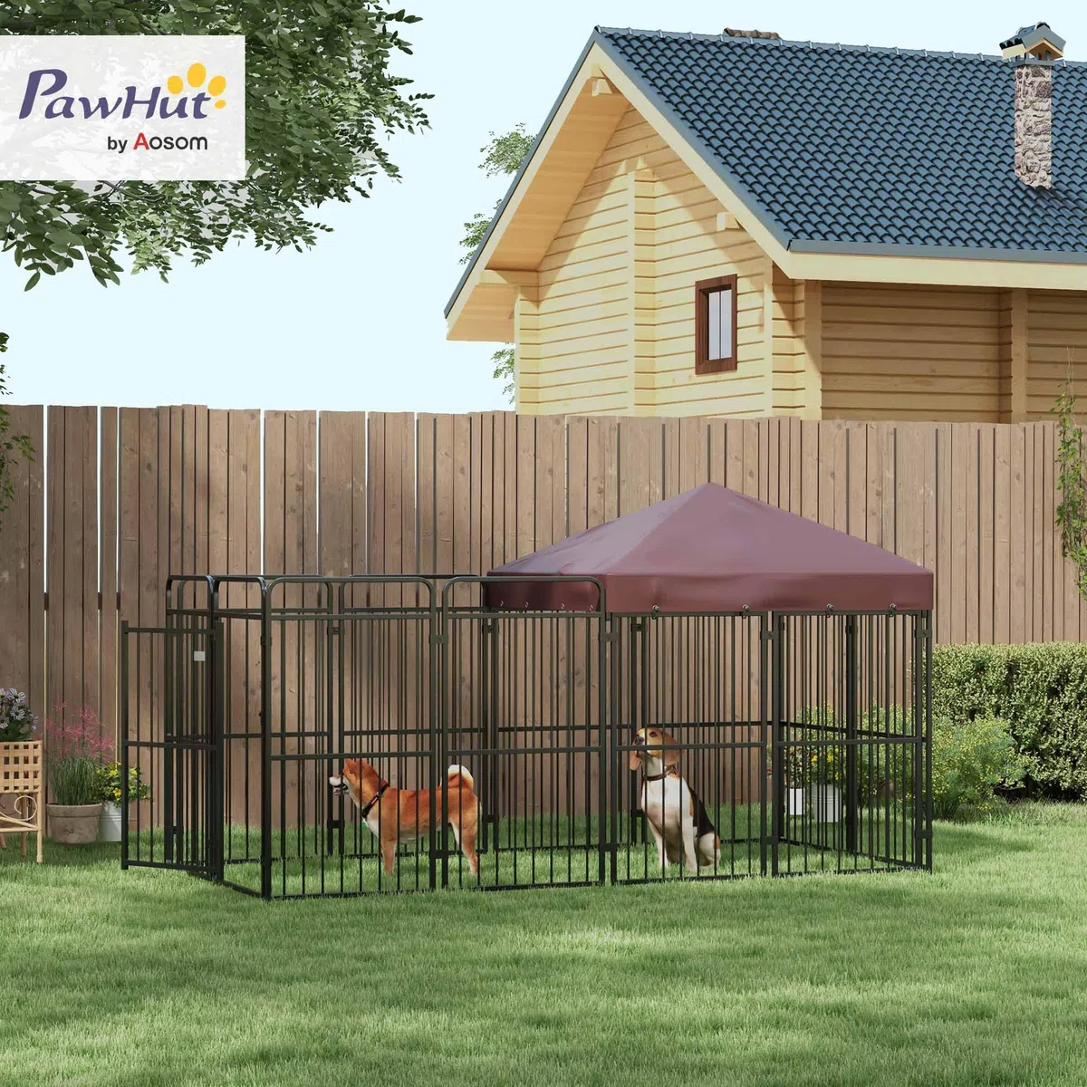 PawHut Kennel per Cani Grandi da Esterno 282x141x160.5cm Marrone | Recinto per Cani da Esterno con Tetto Anti-UV Impermeabile, Gabbia in Metallo
