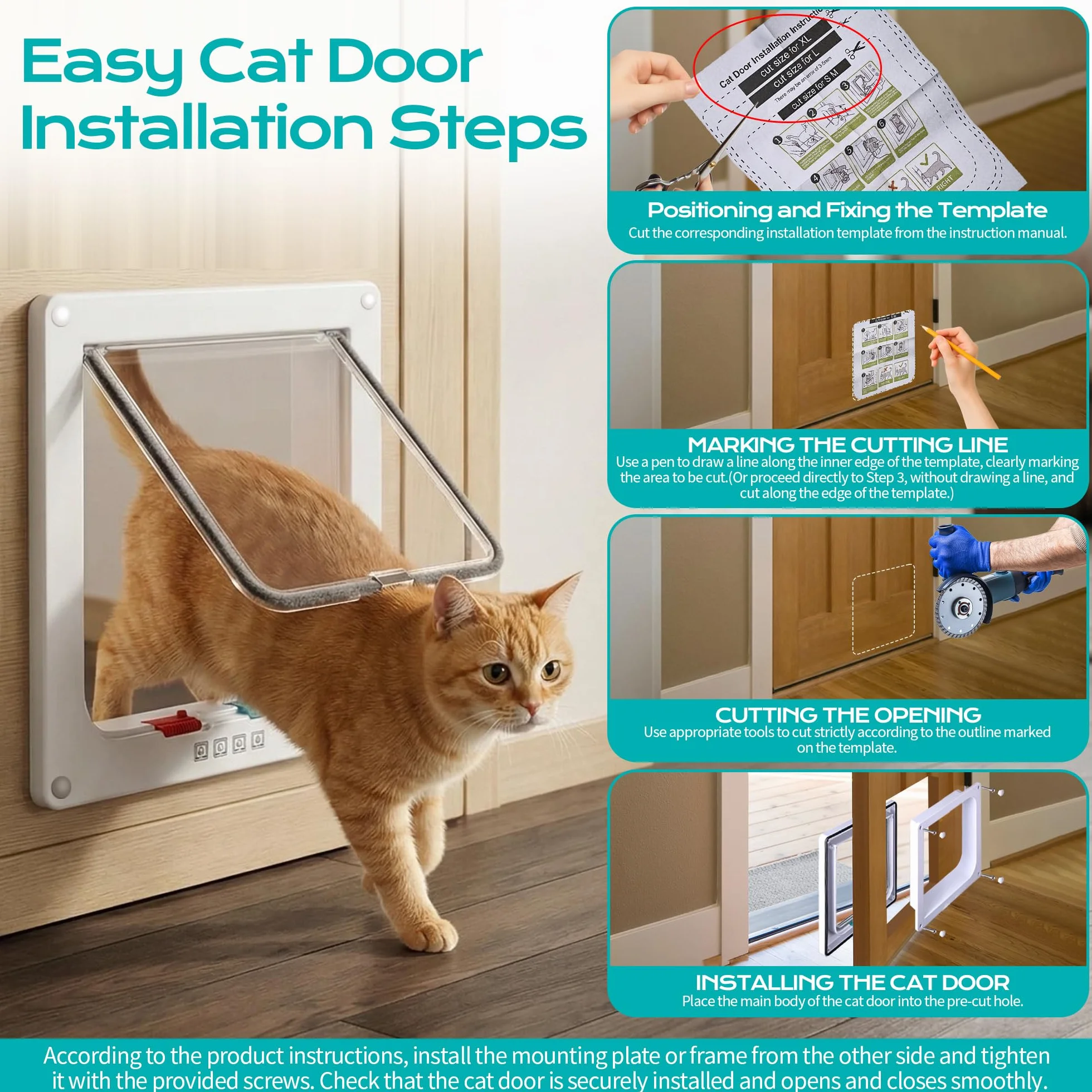 Acrilico Gattaiola per Gatti,Fine con Chiusura a 4 vie Porta per Gatti Animali Domestici, Facile da installare, Porticina per Gattis per Porte Interne ed Esterne per Finestre e Pareti (M)