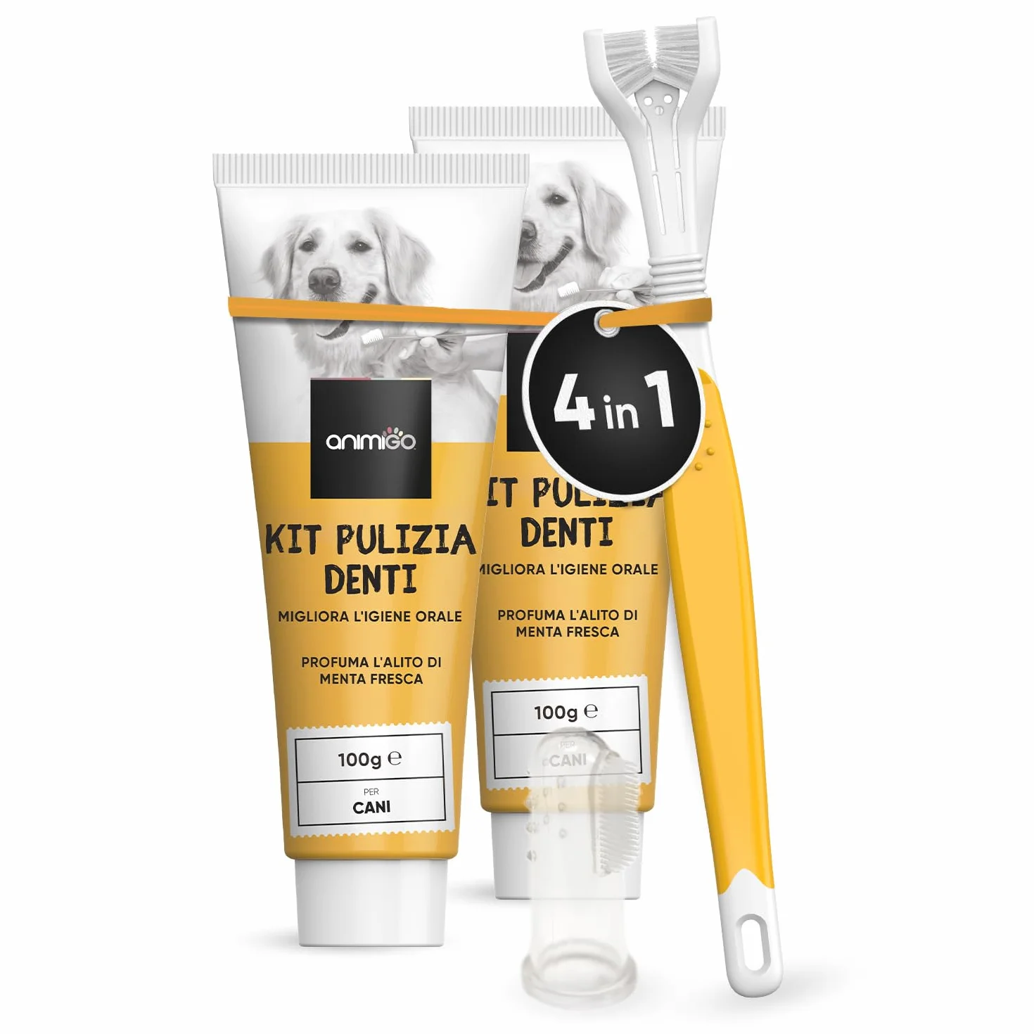 Dentifricio per Cani alla Menta 2 Unità Kit Antitartaro con Spazzolino da Dito e a 3 Teste