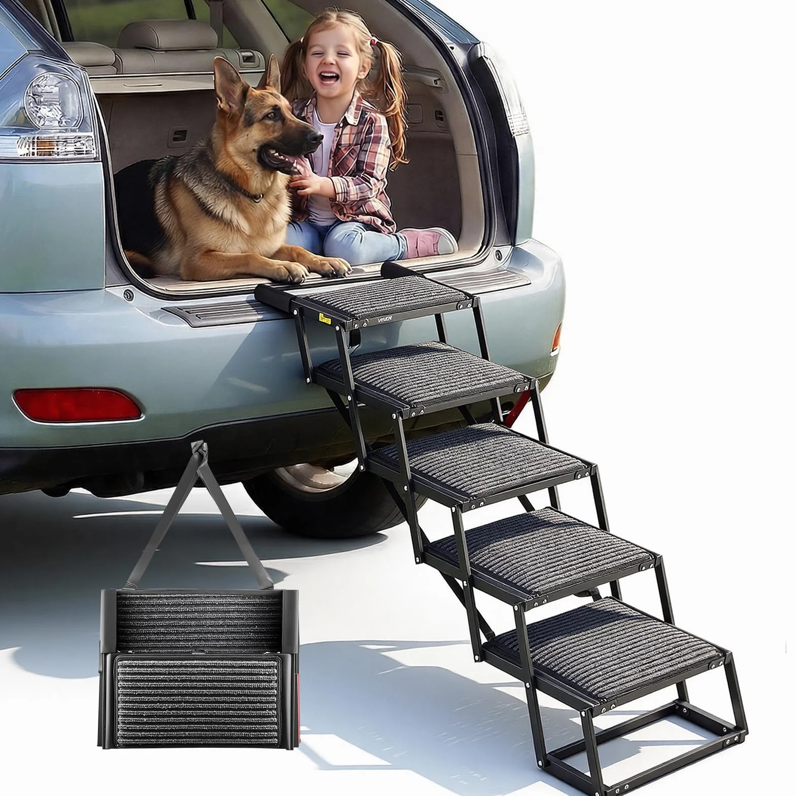 VEVOR Scaletta Pieghevole per Auto per Cani Animali Domestici, Scala Pieghevole a 5 Gradini per Cani da SUV Camion Letti Divani per Animali Domestici Carico max 90,72 kg Superficie Antiscivolo