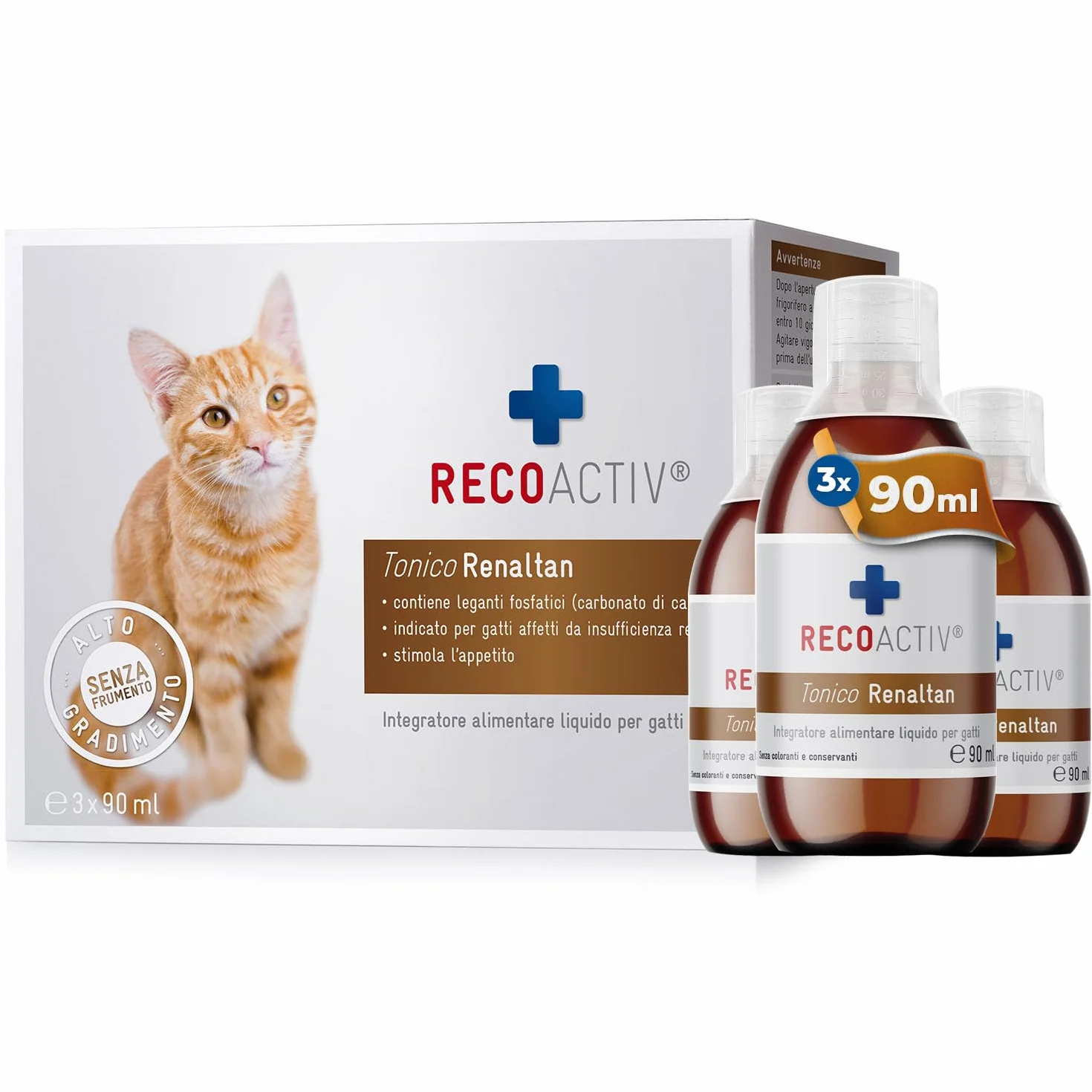 RECOACTIV Tonico Renaltan per Gatti, 3 x 90 ml, integratore Alimentare con chelante di fosfati per ridurre Il Contenuto di fosfato nell’Alimentazione in Caso di insufficienza renale o IRC.