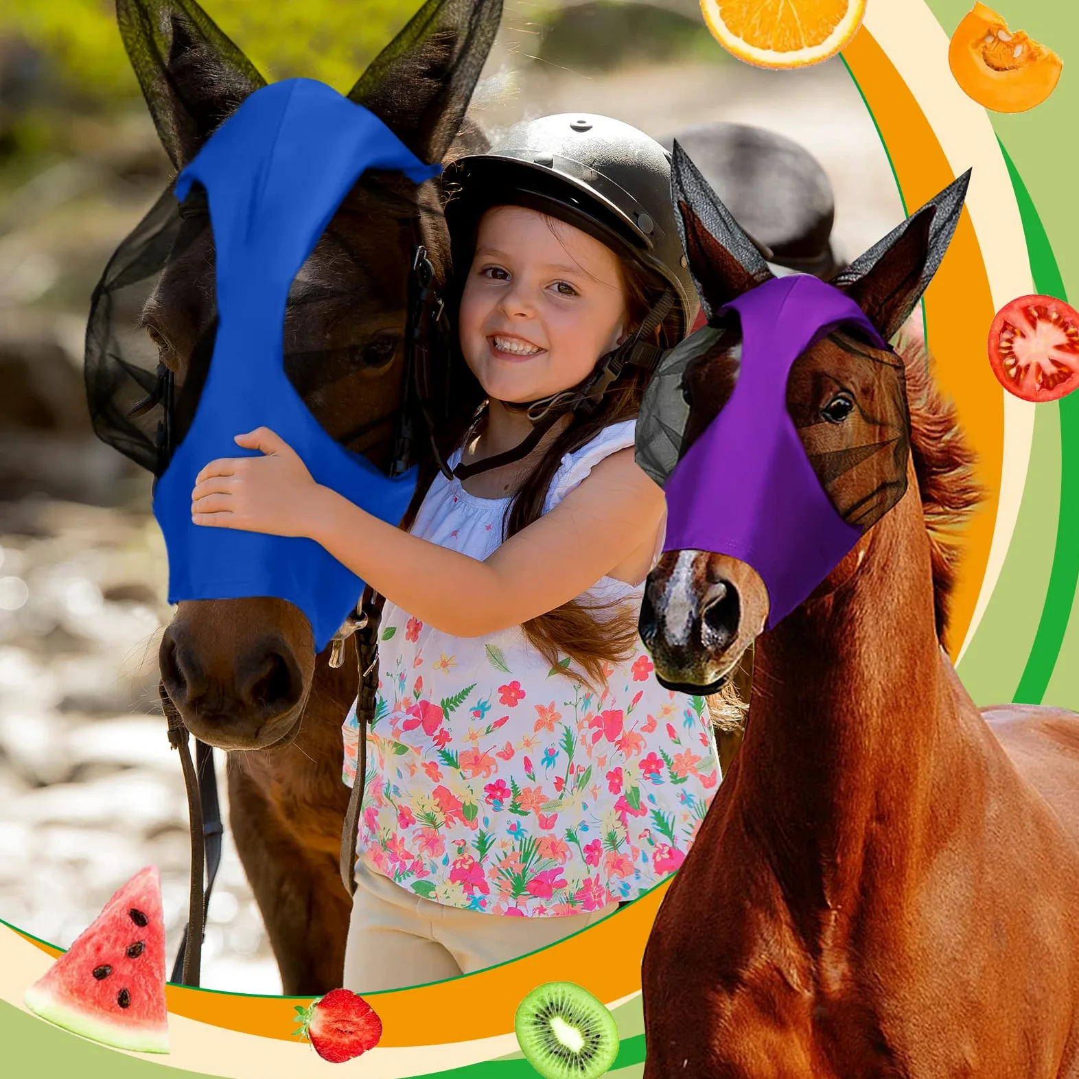 Qualirey 8 pezzi maschera per mosca cavallo confortevole maschera per cavallo con orecchie morbida elasticità antimosche protezione solare per cavallo (grande)