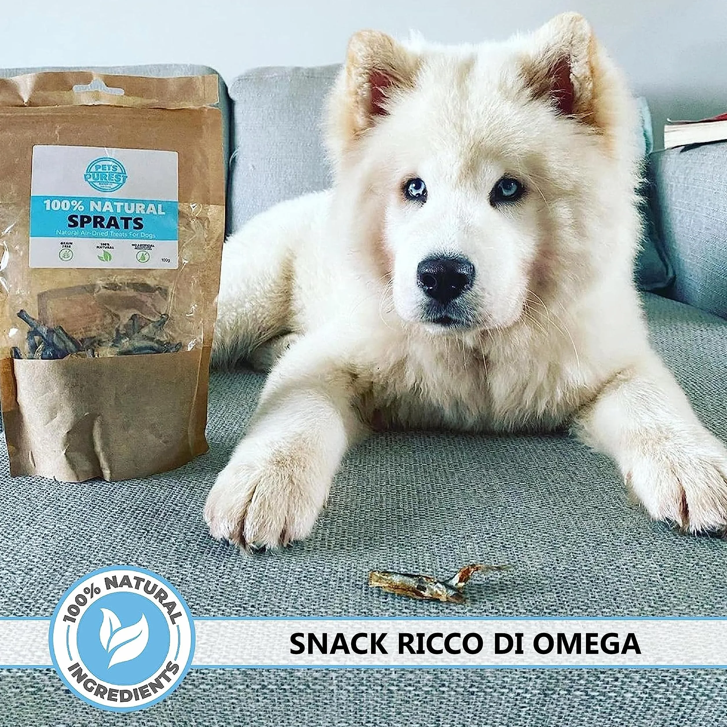 Pets Purest Snack di spratti per cani e gatti - Snack di pesce essiccato 100% naturale per cani e gatti, cuccioli e anziani - Cibo crudo ipoallergenico per animali senza glutine, cereali e lattosio