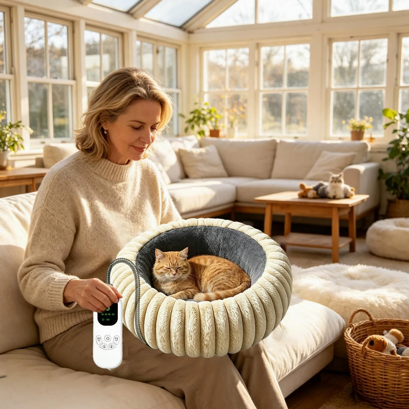 Cuccia Riscaldata Per Cani Cuscino Rotondo in Peluche con Timer e 9 Livelli | Tappetino Riscaldante Animali Interno Esterno Soggiorno Camera Ufficio Angolo Viaggio Famiglia