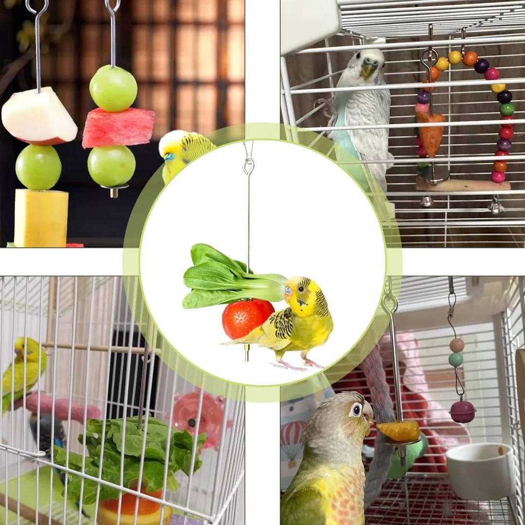 4 Pezzi Spiedino Portafrutta per Pappagalli, Mangiatoia per Pappagalli, Accessorio Appeso alla Gabbia per Foraggiamento del Cibo, Portafrutta per Uccelli, Giochi per Pappagalli, Acciaio Inox