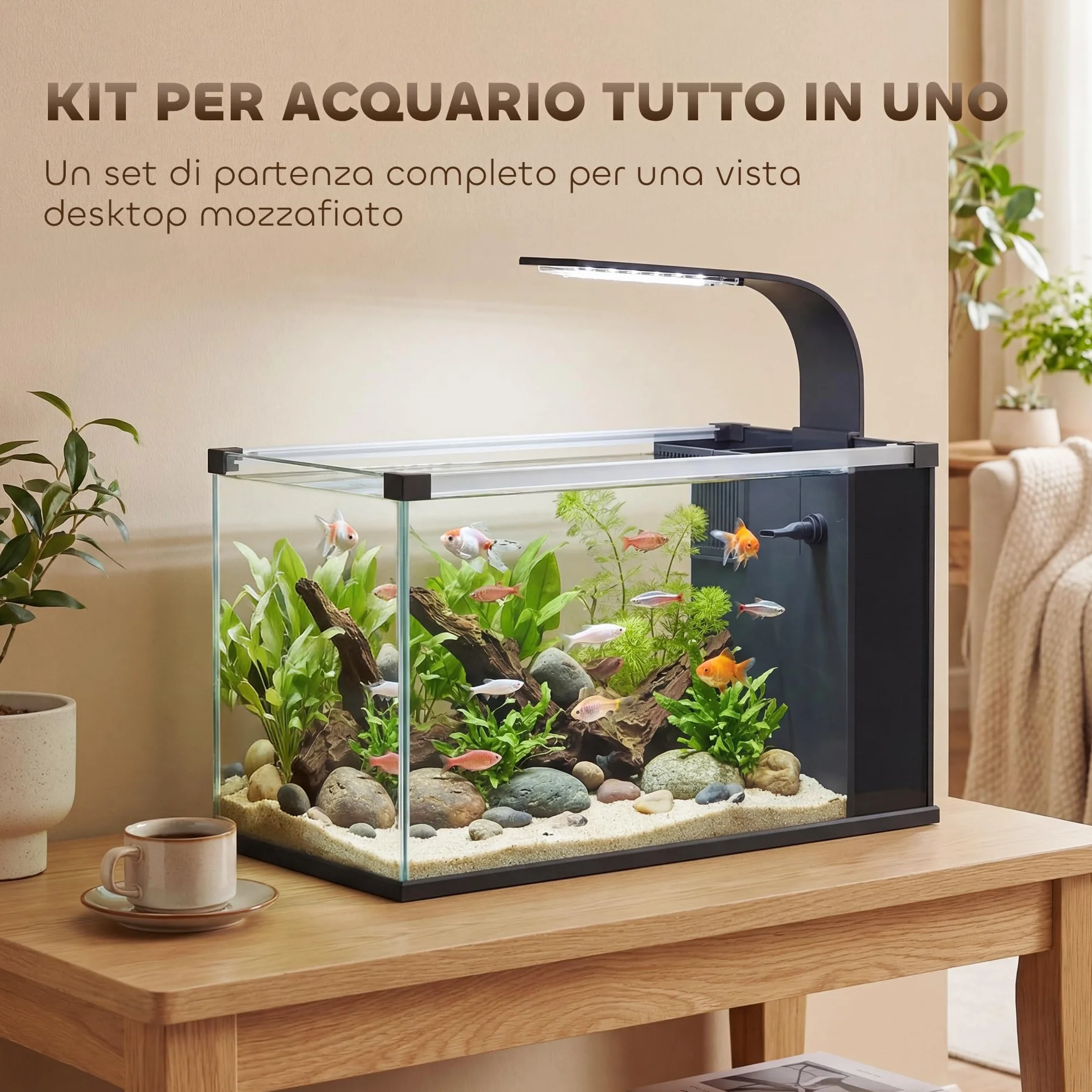 PawHut Acquario in Vetro Temperato 24L, Acquario Completo Piccolo Trasparente con Filtro Integrato, Luce LED e Pompa dell'Acqua per Pesci Tropicali, Pesci Rossi, Casa, Ufficio, 45x25x25.5 cm, Nero