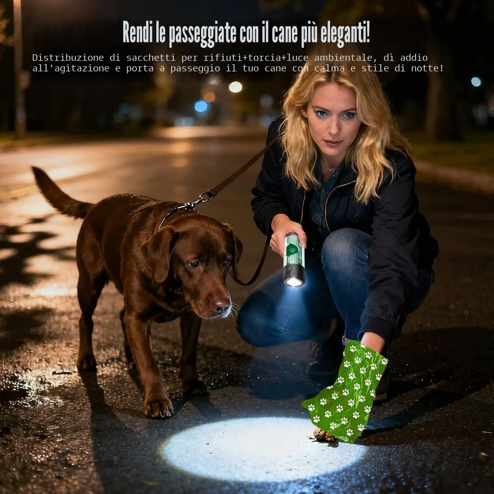 2025, dispenser di sacchetti per escrementi con torcia, IPX 6, impermeabile, con 7 colori, luce notturna USB-C ricaricabile, raccoglitore di escrementi per cani, dotato di sacchetti della spazzatura