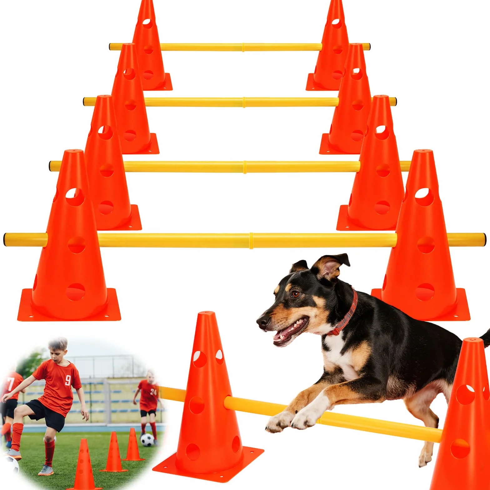 Agility Set per cani ostacoli per bambini, ostacoli per bambini, cani, parcour per saltare, cane Cavaletti, 8 coni 32 cm di altezza + 8 aste lunghe 80 cm, per esercizi di allenamento