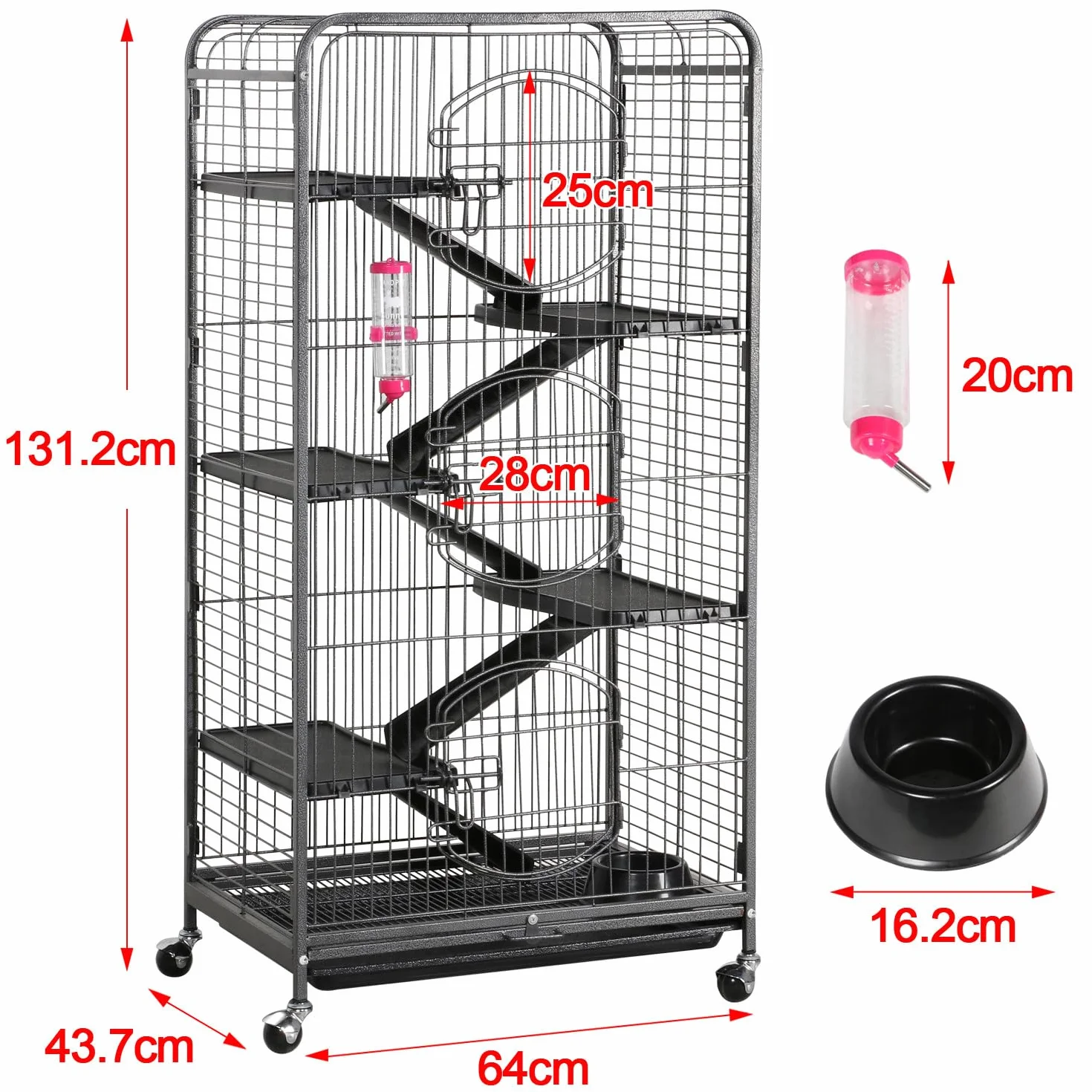 Yaheetech Gabbia per Coniglio Nano da Interno Esterno a 5 Ripiani Animali Domestici Grande in Metallo con 4 Rotelle Orientabili 64 x 43 x 131 cm Nera