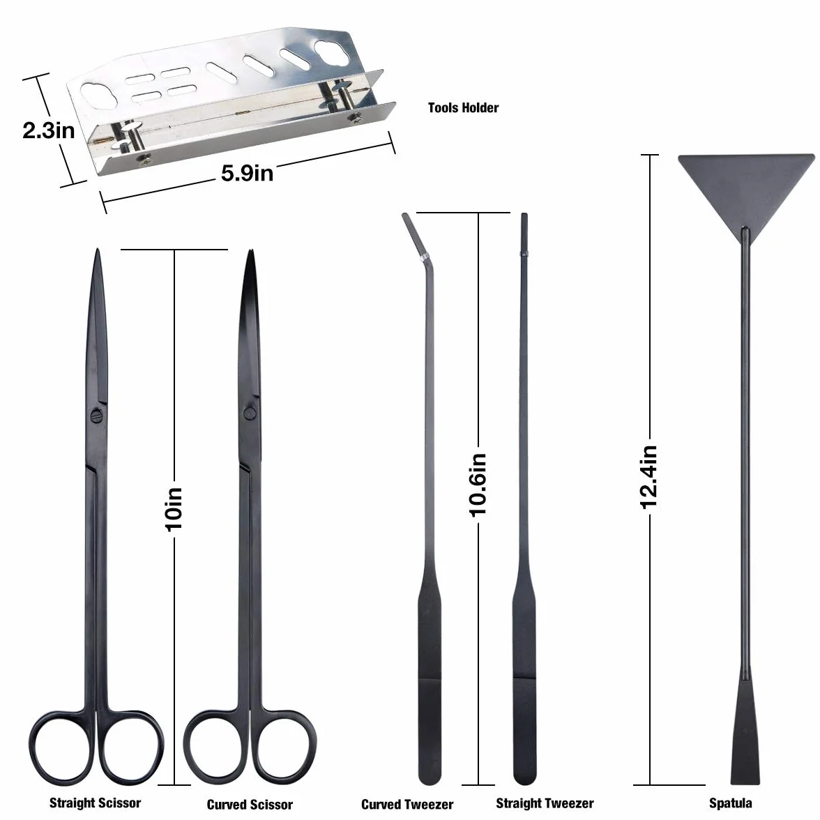 Kit 5 in 1 per acquario con forbici dritte e curve, spatola substrato, pinzette dritte e curve, set di attrezzi per piante acquatiche in acciaio inox, con supporto e custodia