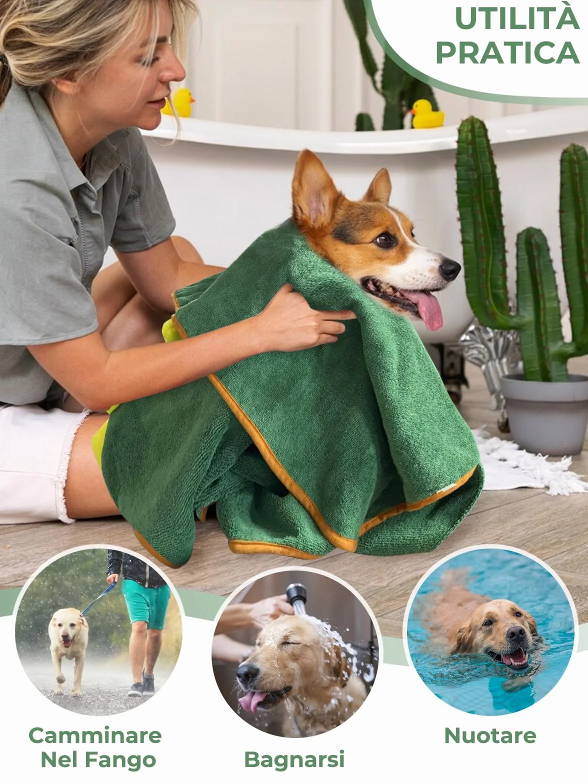 Accappatoio per Cani in Microfibra, Bibykivn Super Assorbente Regolabile Asciugamano per Animali Domestici Morbido Cappotto Bagno con Cappuccio per Asciugare Cane Dopo il Bagno (L, Verde)