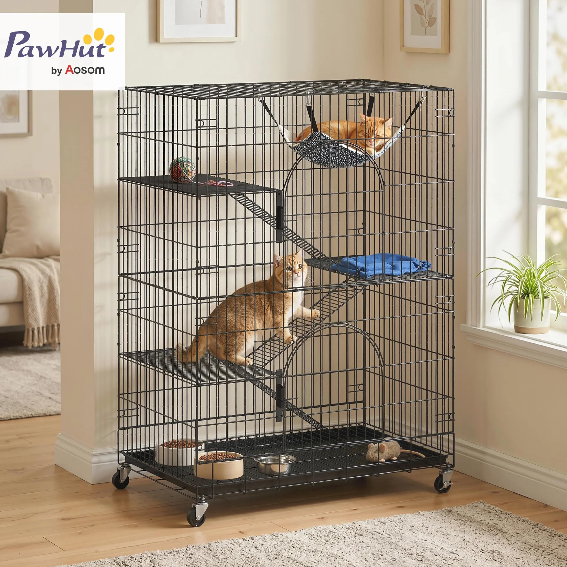 PawHut Gabbia per Gatti Grande 4 Livelli con Ruote, Recinto per Gatti da Esterno ed Interno in Metallo, Vassoio Estraibile, Amaca, Letto, Rampe, Piattaforme, per 1-2 Gatti, Scoiattoli Cincillà, Nero