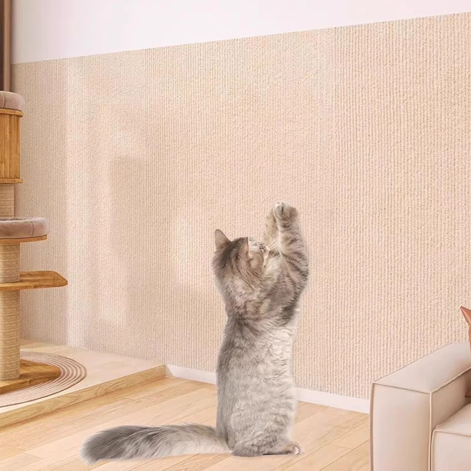 Tiragraffi Divano Autoadesivo, Protezione Divano Graffi Gatto, Tappeto Tiragraffi per Gatti, Multifunzionale Pannello Murale Imbottito per Tappeti Divani Mobili Murale(White-30 x 200 CM)
