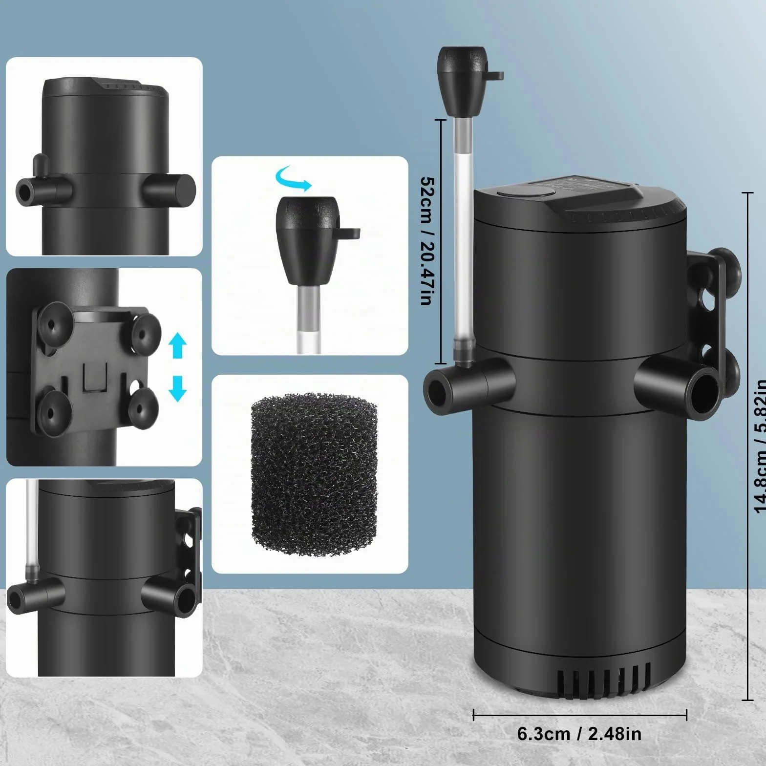 Filtro interno per acquario con flusso da 8 W 500 L/H per acqua pulita, flusso d'aria regolabile, basso rumore, onde e silenzioso