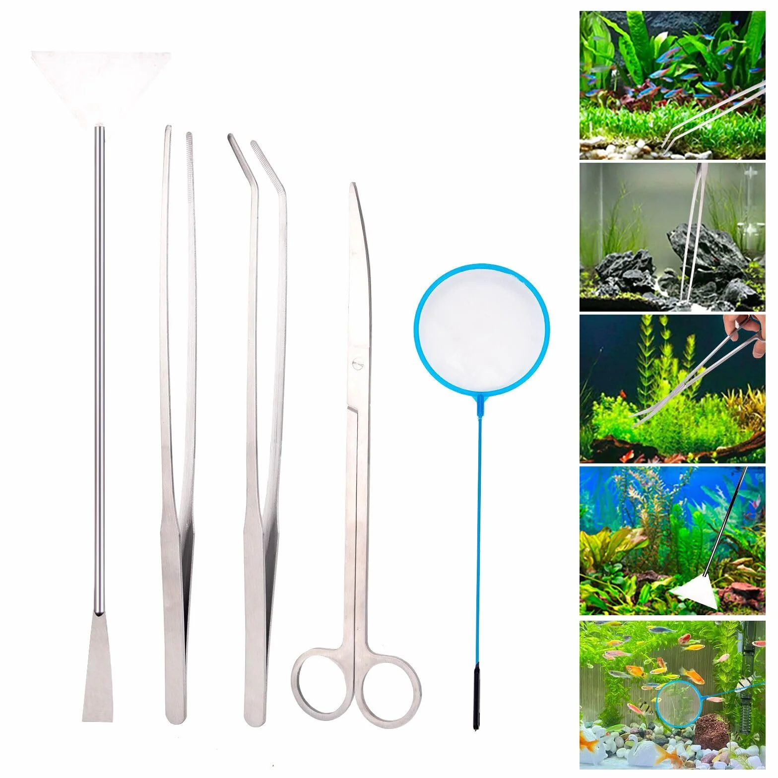 Strumenti per Acquario 5 in 1 pinzette lunghe forbici spatola rete per pesci imbuto per alimentazione - argento