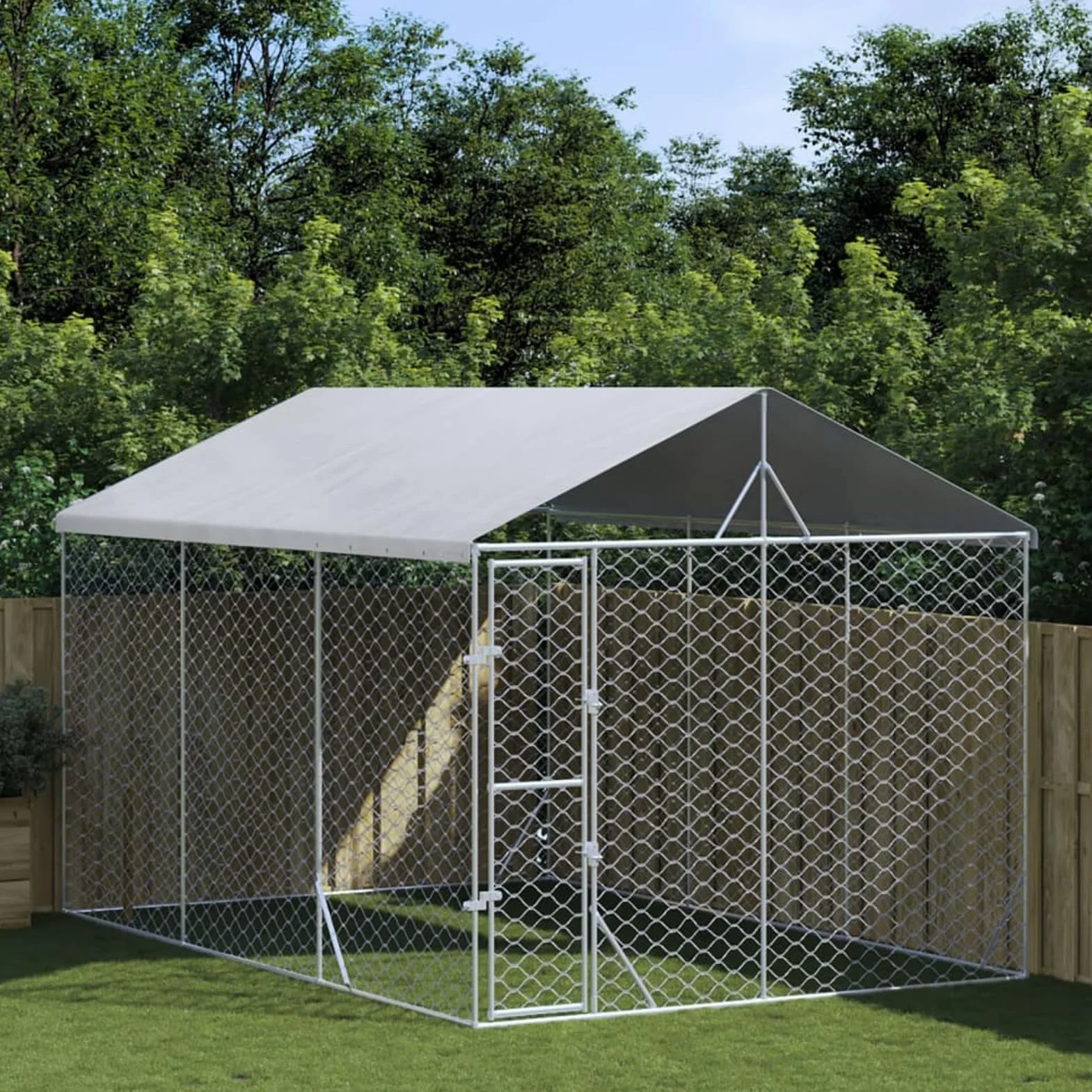 Gabbia per Cani con Tetto Kennel per Cani da Esterno Recinto per Cani da Esterno a Maglie in Acciaio Zincato Box per Animali con Porta con Serratura-3 x 4.5 x 2.5 m