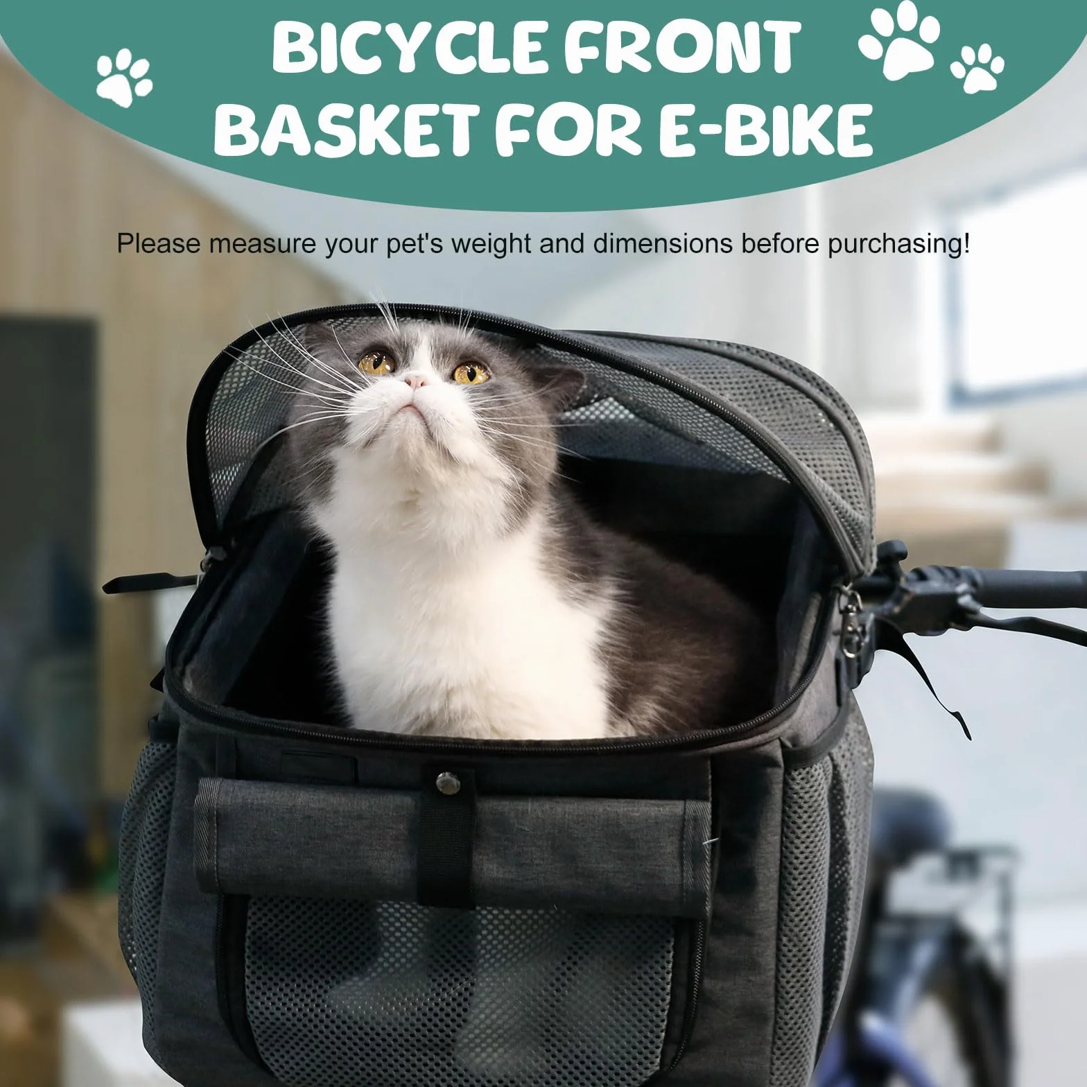 Cestino per Bicicletta Animale Domestico, Cestino Bicicletta Anteriore Cane con Adattatore per Manubrio Staccabile, Cinghie Regolabili, Rete Traspirante per Il Ciclismo Picnic Shopping (Nero)