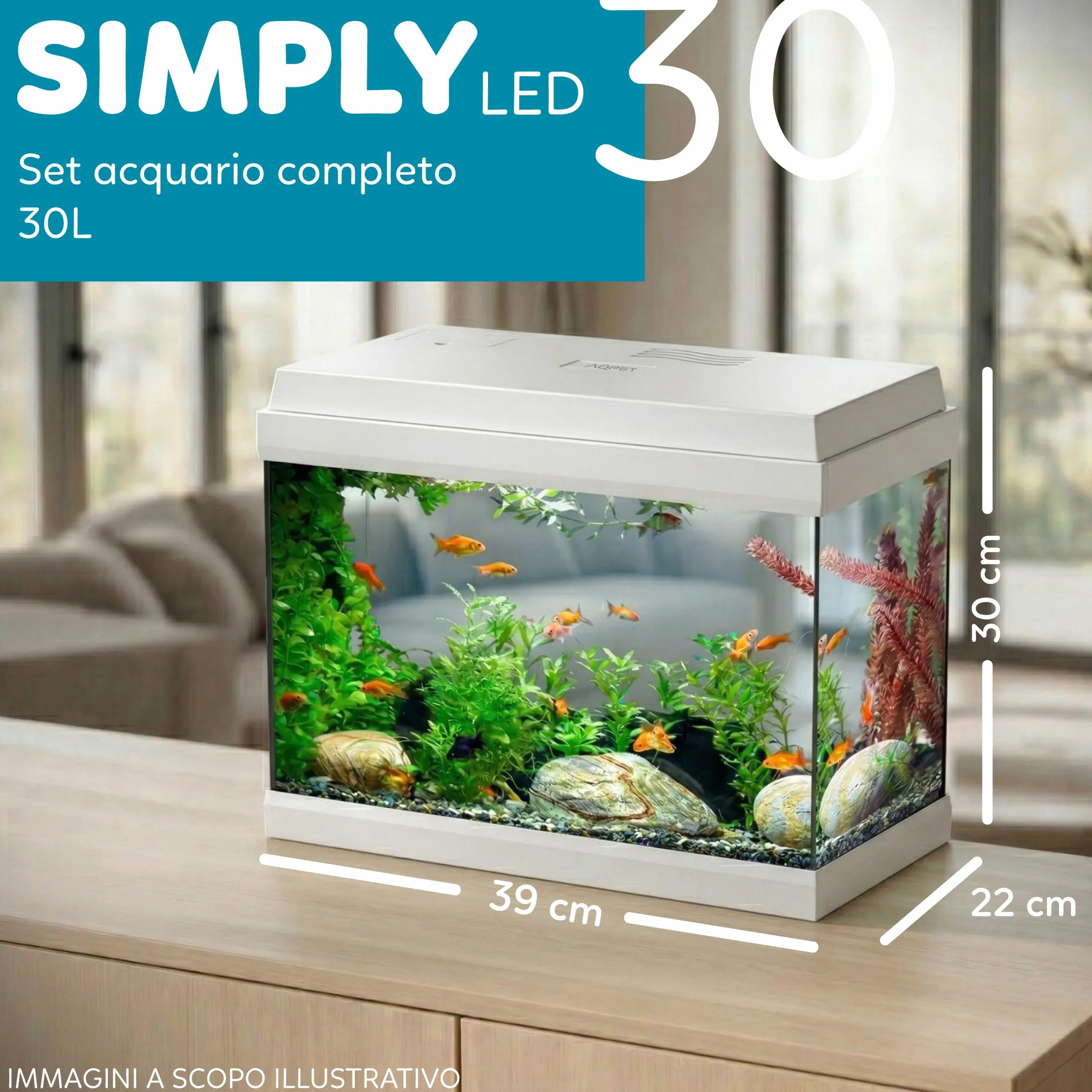 AQPET Acquario in Vetro per Pesci Tropicali Completo di Accessori Filtro Luce Simply, 30 39x22x30 cm 30 Litri, Bianco
