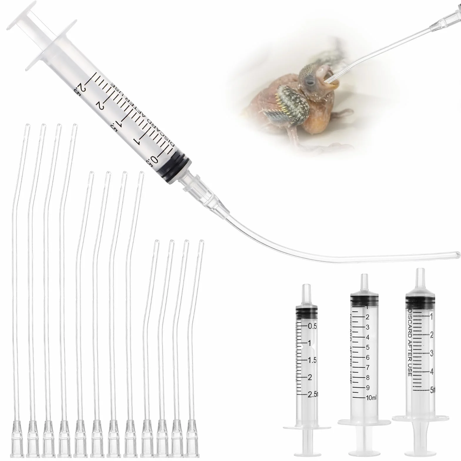 15 tubi per l'alimentazione degli uccelli giovani, siringa da 10 ml con tubo per uccelli, accessori per la siringa per piccioni, alimentatori, mangimi, latte, acqua, sonda nutrizionale, per uccelli e