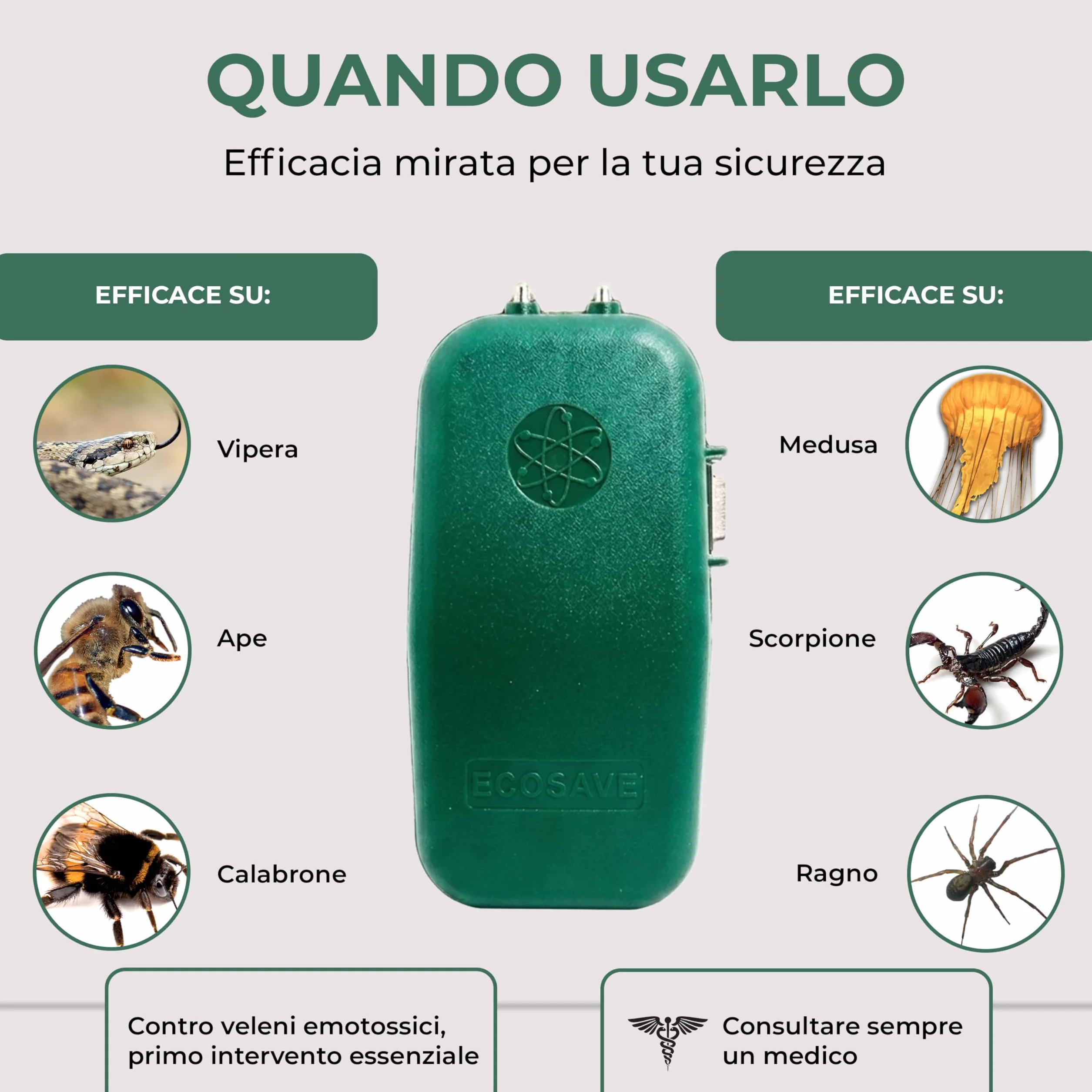 TECNIMED - Ecosave - Elettrostimolatore dopopuntura - Dispositivo di primo intervento contro punture e morsi velenosi tramite il rilascio di microimpulsi elettrici - Made in Italy