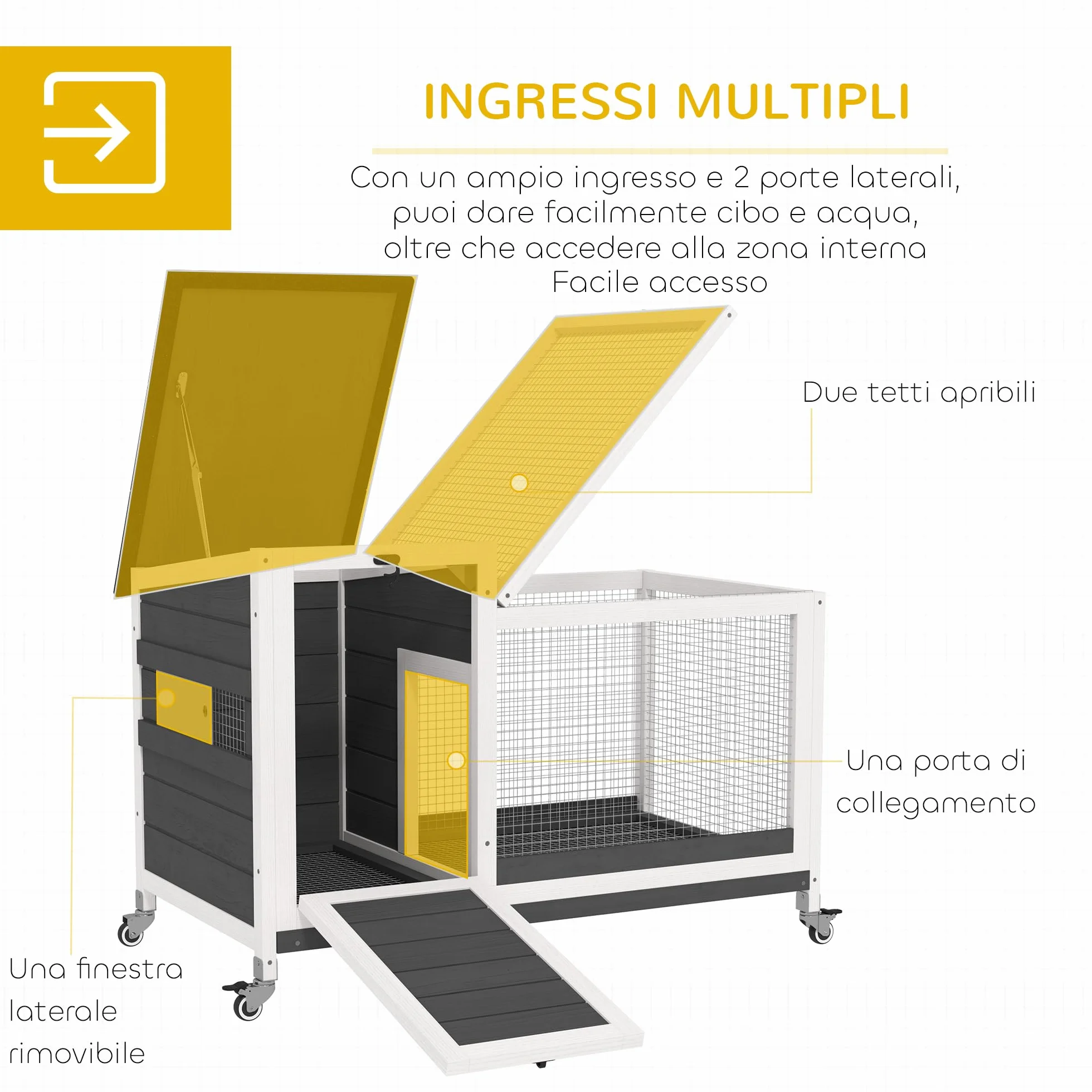 PawHut Conigliera da Esterno e Interno a Rotelle per 1-2 Conigli con Vassoio Estraibile e Ingressi Multipli, Casetta per Conigli in Legno di Abete e Acciaio, 91x51x66 cm, Grigio Bianco e Nero