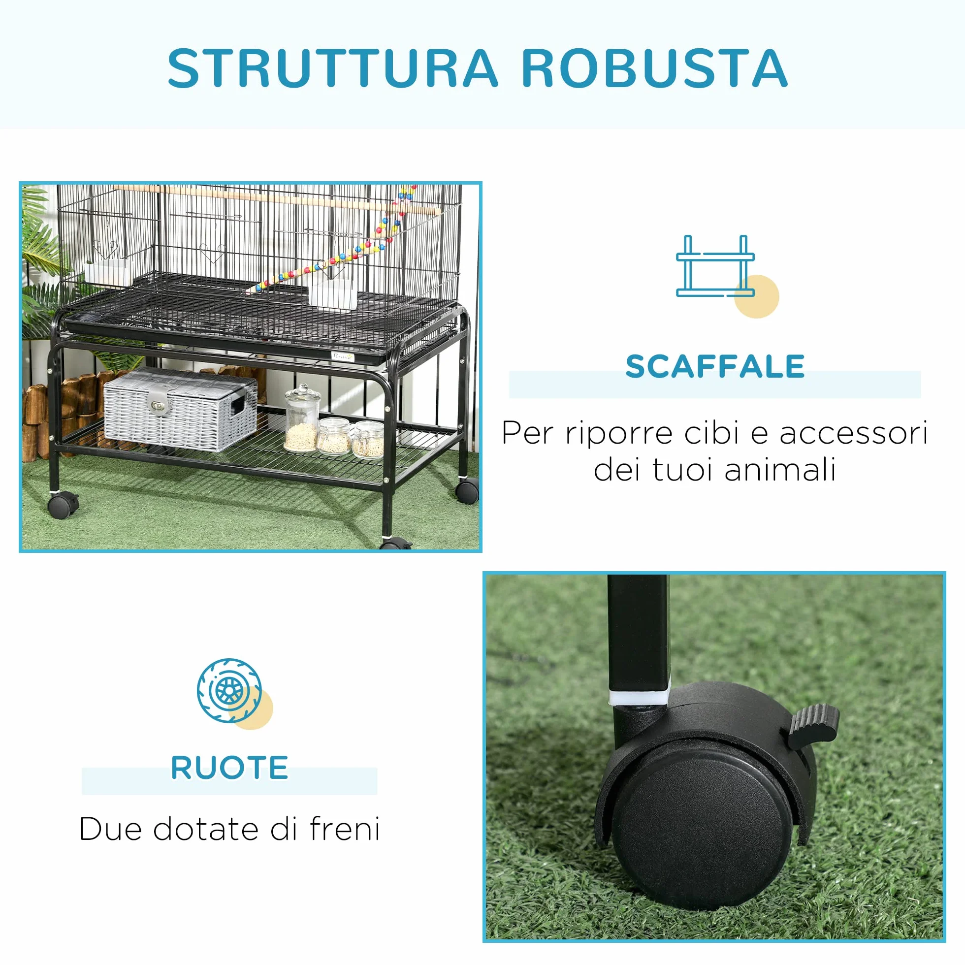 PawHut Gabbia per Uccelli 133 cm, Voliera per Cocorite, Calopsite, Canarini, Inseparabili, Fringuelli con Ruote, 4 Contenitori, Giochi, Vassoio Rimovibile, Ripiano, Nero
