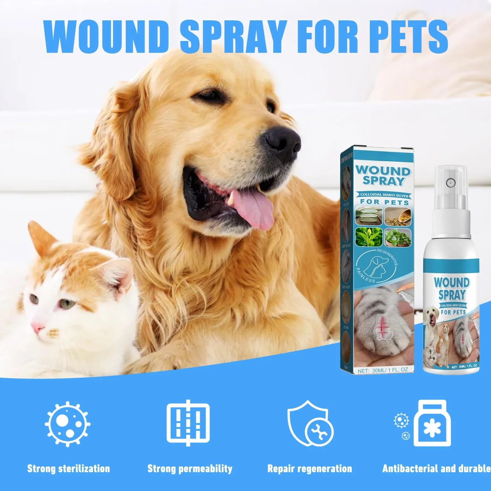 Spray Cicatrizzante per Cani,Spray per Ferite per Animali Domestici,Spray Antisettico per Cani e Gatti Ferite Cura,Spray per Cani e Gatti Ferite Cura,Pet Wound And Skincare Spray,30ml