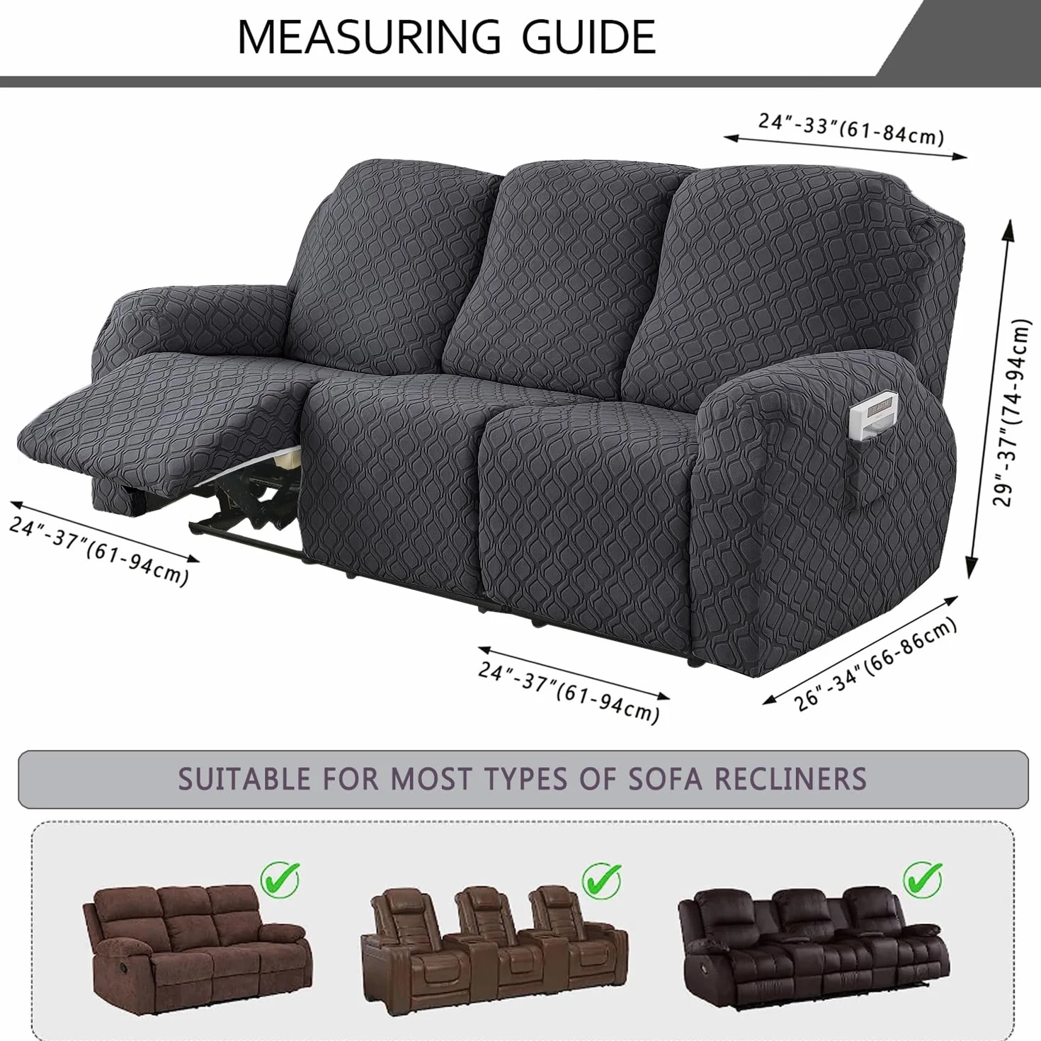 OKYUK Fodera per Poltrona Relax 3 Posti, Alta Elasticità e Antimacchia, Protezione da Animali e Bambini, Copertura Antiscivolo con Tasche, Estraibile e Lavabile (grigio scuro, 3 posti)