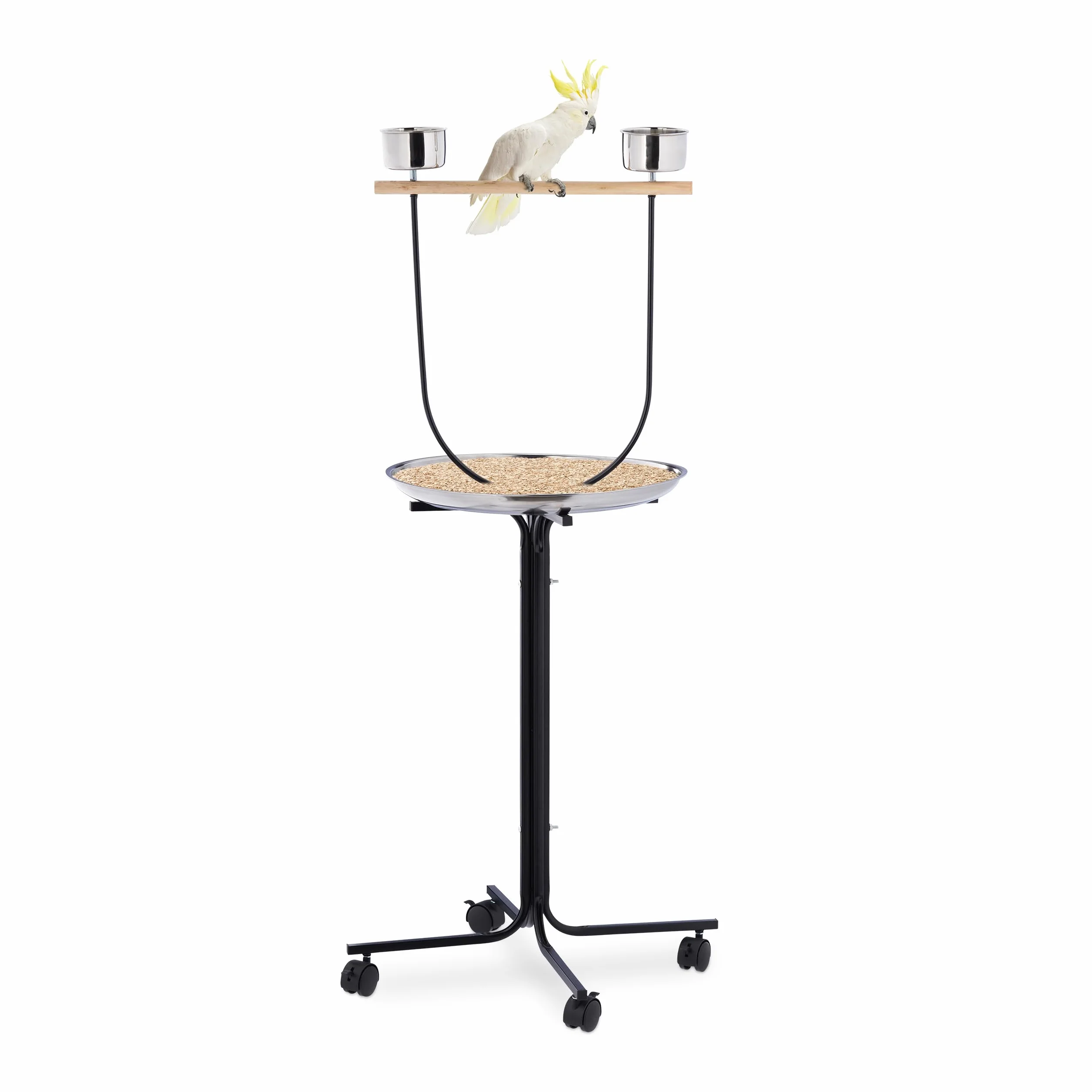 Relaxdays Trespolo per Pappagalli Grandi, XL, Posatoio, Asta, 2 Mangiatoie, Vaschetta, con Rotelle, Metallo, Nero