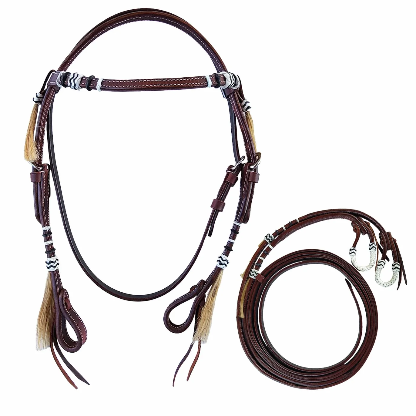 Brama West Western-trense "Wyatt" – Elegante scocca in pelle dal classico stile western – con cuciture bianche a contrasto, decorazioni Rawhide e nappe per capelli di cavalli – marrone, con pale (Cob)