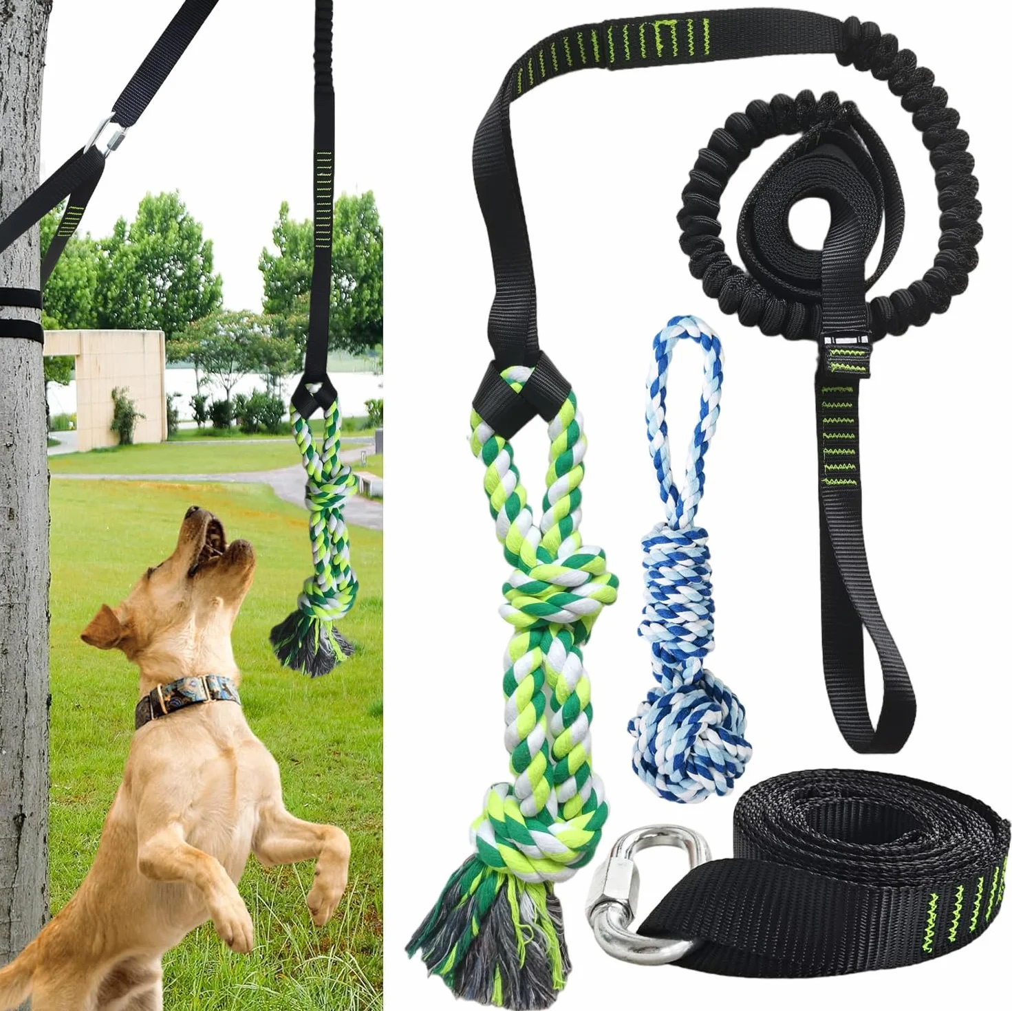 Giocattolo elastico per cani da solo appeso all'albero, giocattolo interattivo per tiro alla fune per cani di piccola e grande taglia, corda da tirare con 2 giocattoli in corda per cani
