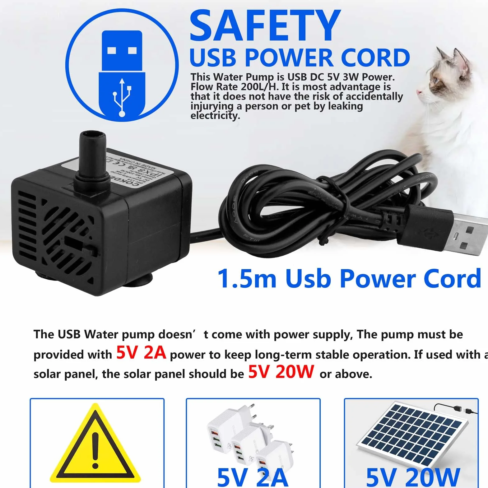 Mini pompa sommergibile USB (DC 5V 1-3W 200L/H) Regolabile, ultra silenziosa piccola pompa per acqua per fontane per animali domestici, acquario, laghetto, idroponica, interno o esterno