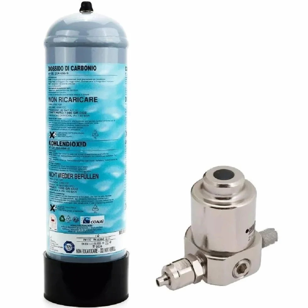 Kit impianto acquario: bombola CO2 1300 gr M10x1 con piedino + riduttore di pressione