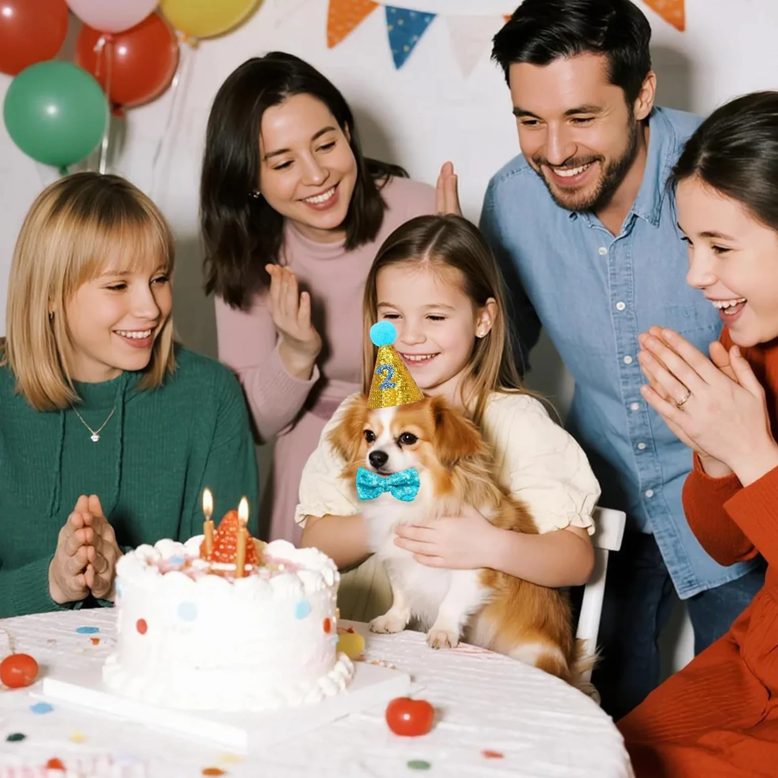 Cappello per Cani Compleanno Regolabile con Collare Papillon e Numero Blu, 3 Pezzi