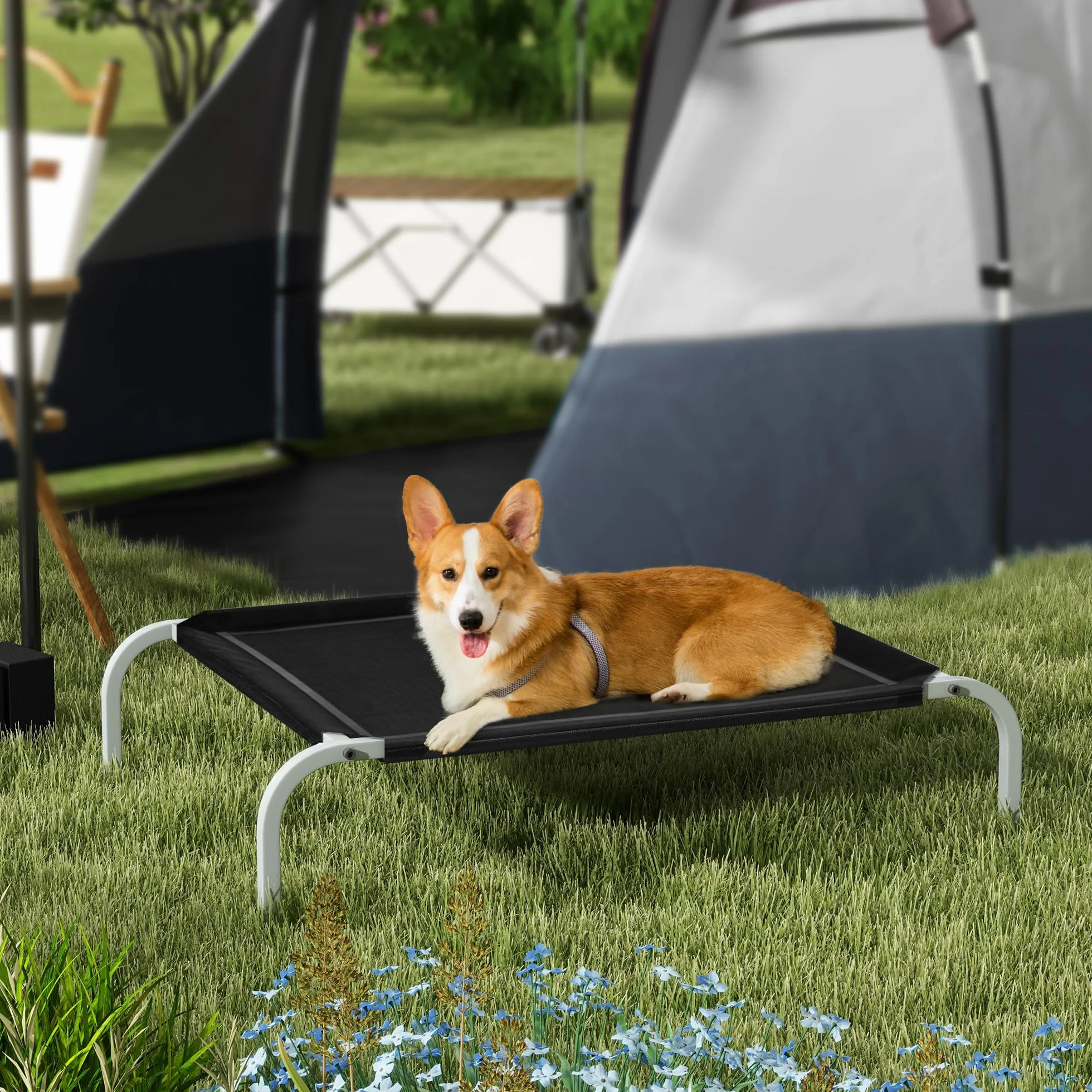 PawHut Lettino per Cani da Interno ed Esterno, Cuccia Estiva Brandina per Cani, Tessuto Traspirante Nero, 90x65x20 cm