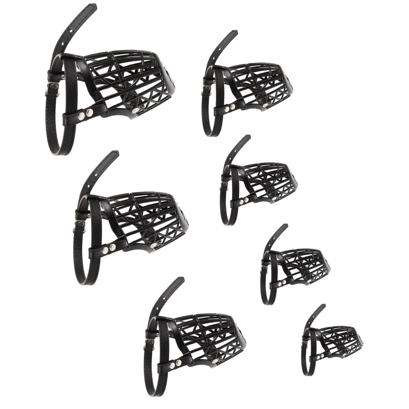 INOOMP Museruola per Cani in Plastica con Cestello Regolabile e Cinturino in Pelle Pu Nero, Set da 7 Unitá Anti-morso Traspirante per Cani e Animali Domestici
