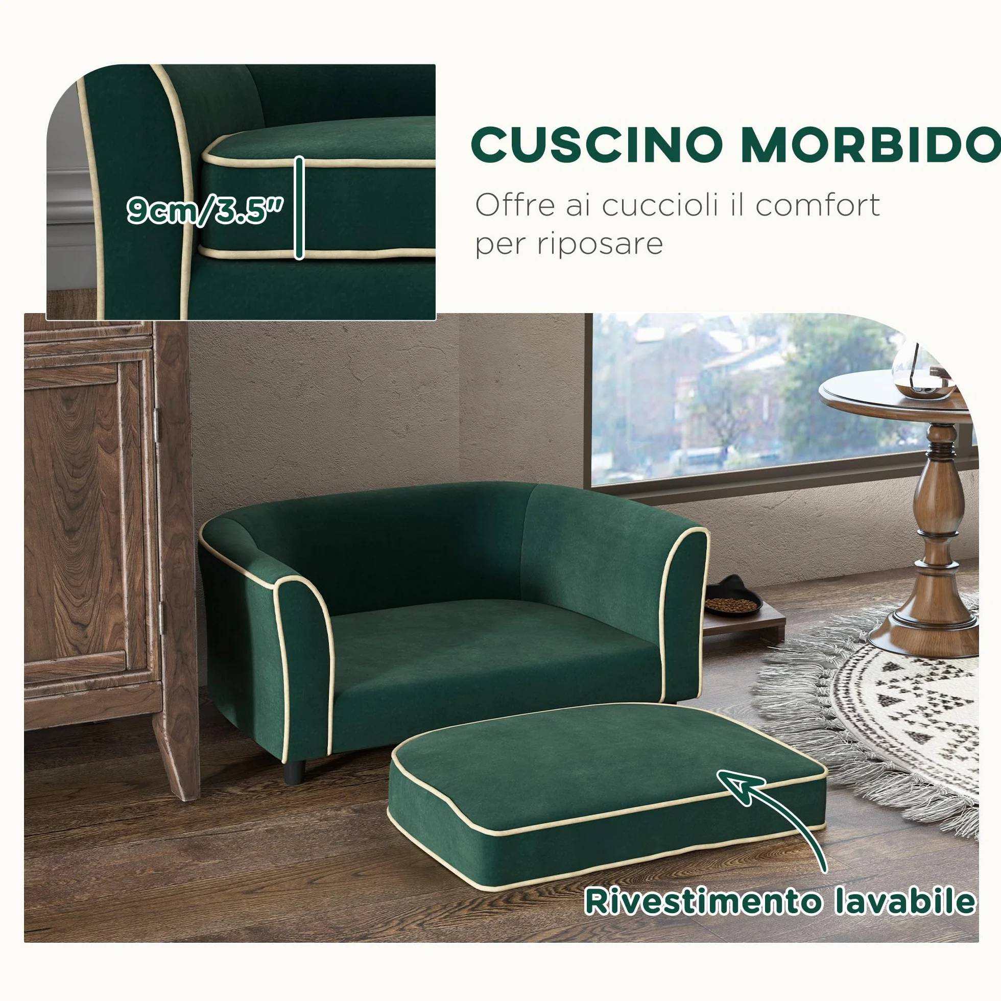 PawHut Divano per Cani Taglia Piccola e Media Elegante con Cuscino, Divanetto per Cani in Tessuto Effetto Velluto e Legno, 79x56x35 cm, Verde Scuro