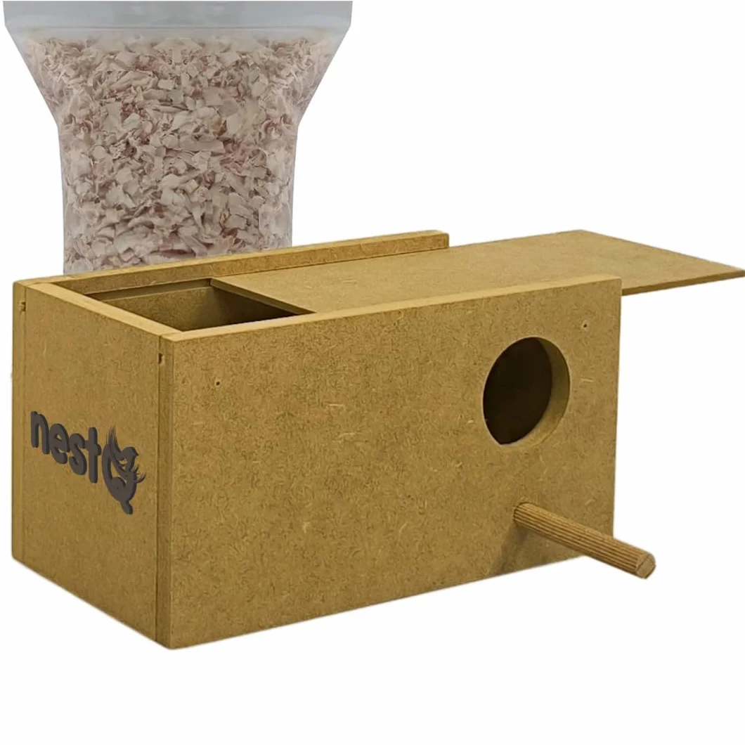 Nido per Parrocchetti con Trucioli Viruta per la Catenina, Casetta di legno per uccelli, con ganci per la Gaule di parrocchetto, 20 cm x 11 cm x 11cm