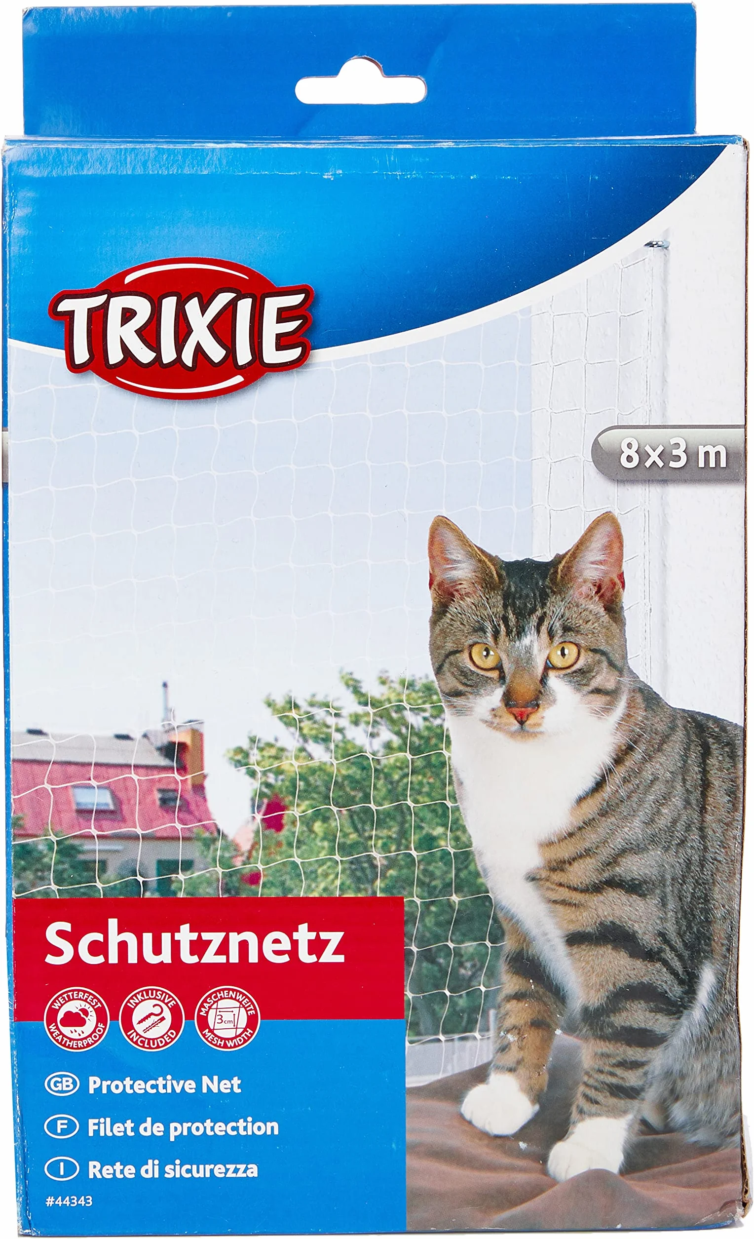 Trixie Rete di Protezione per Gatti – per Balcone, terrazza e Finestra – Resistente ai UV, Trasparente – Maglie 3 × 3 cm – Fissaggi Inclusi per Interno ed Esterno – 8 × 3 m