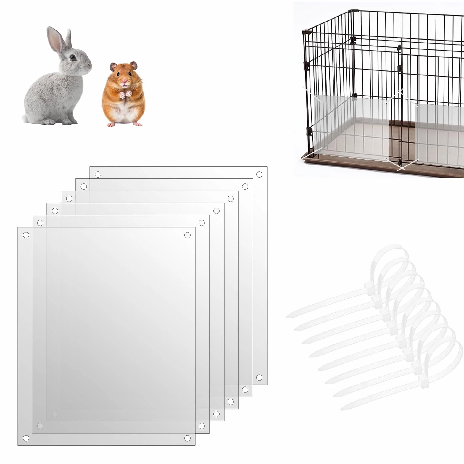 Protezioni per Urine per Gabbie, 6 Pezzi Trasparenti Protezione per Gabbie per Gabbie 26 x 21 cm Rivestimento Laterale per Porcellini con 100 Fascette per Conigli Porcellini d'India Criceti e Recinti