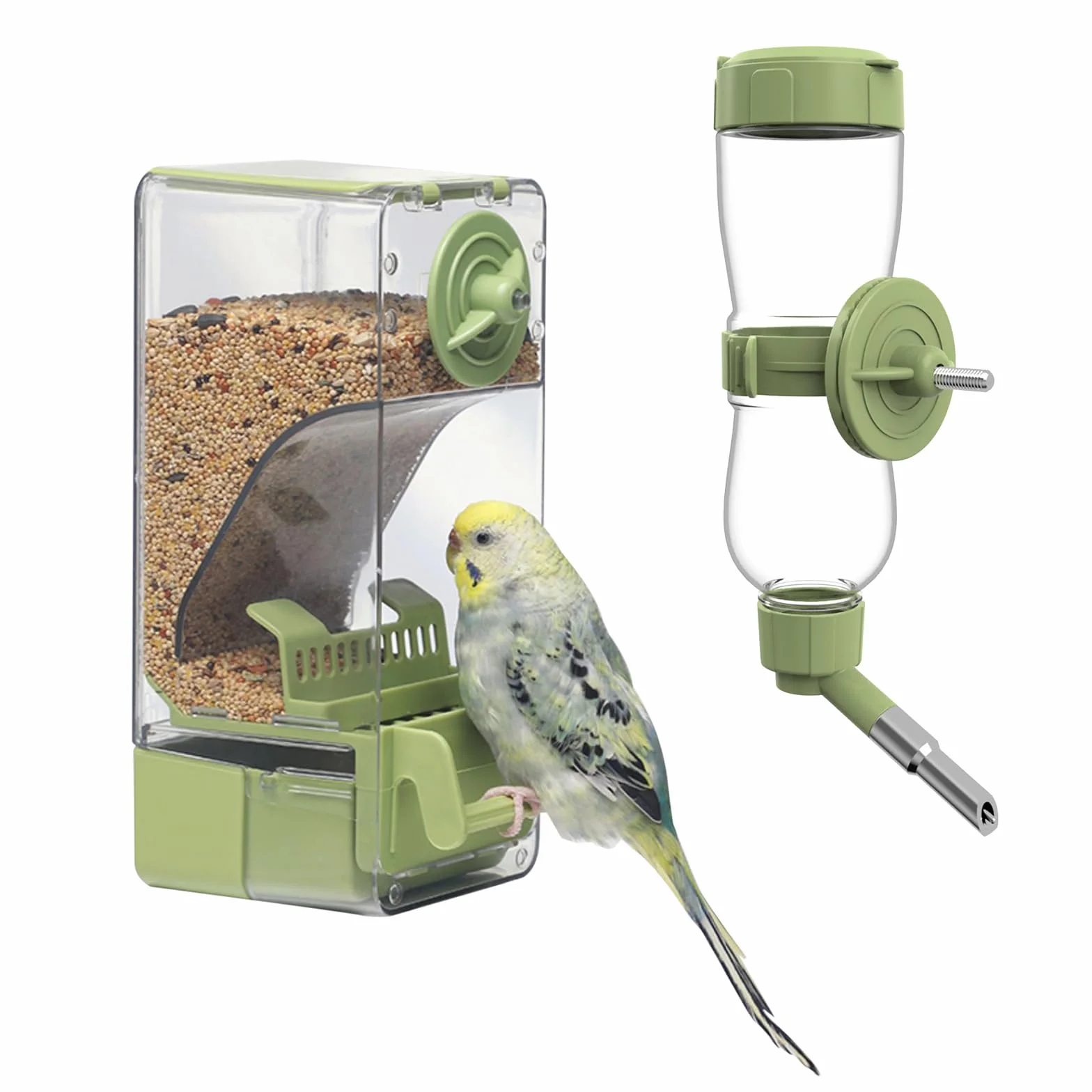 Mangiatoia e Distributore d'Acqua per Uccelli, Mangiatoia Automatica con Posatoio per Gabbia per Pappagallini, Canarini, Cockatiel, Fringuelli, Budgerigar (Verde)