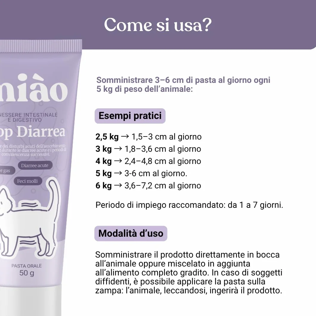 Miào Stop Diarrea Gatto Pasta – Supporto Intestinale per Diarrea Acuta, Feci più Solide, Reintegro Elettroliti e Liquidi, Pancia Gonfia, Facile Somministrazione