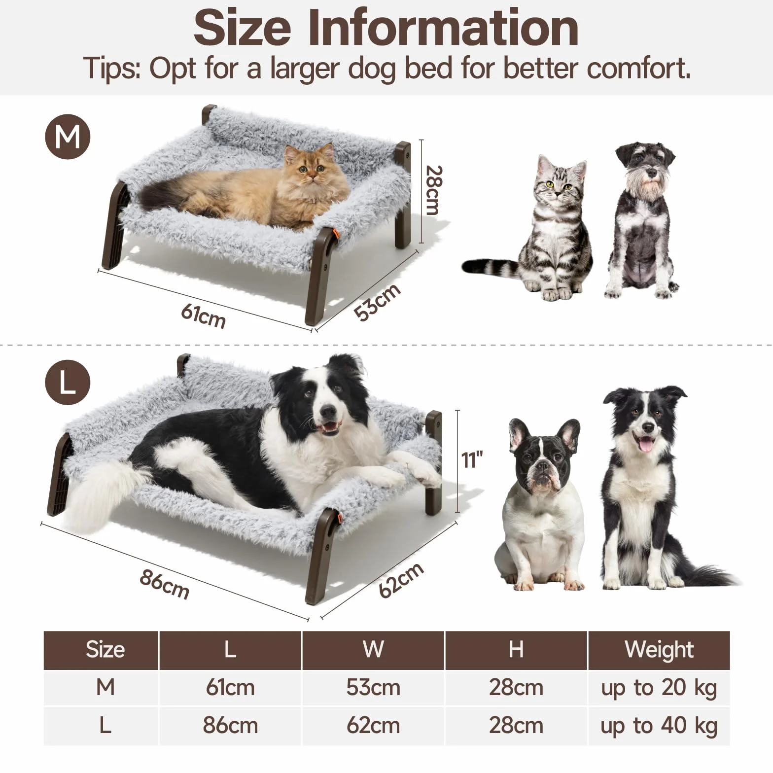 MEWOOFUN Divano letto rialzato per cani, traspirante, con copertura rimovibile e lavabile, letti per cani di taglia grande e media con fondo antiscivolo, 87 x 63 x 28 cm, grigio